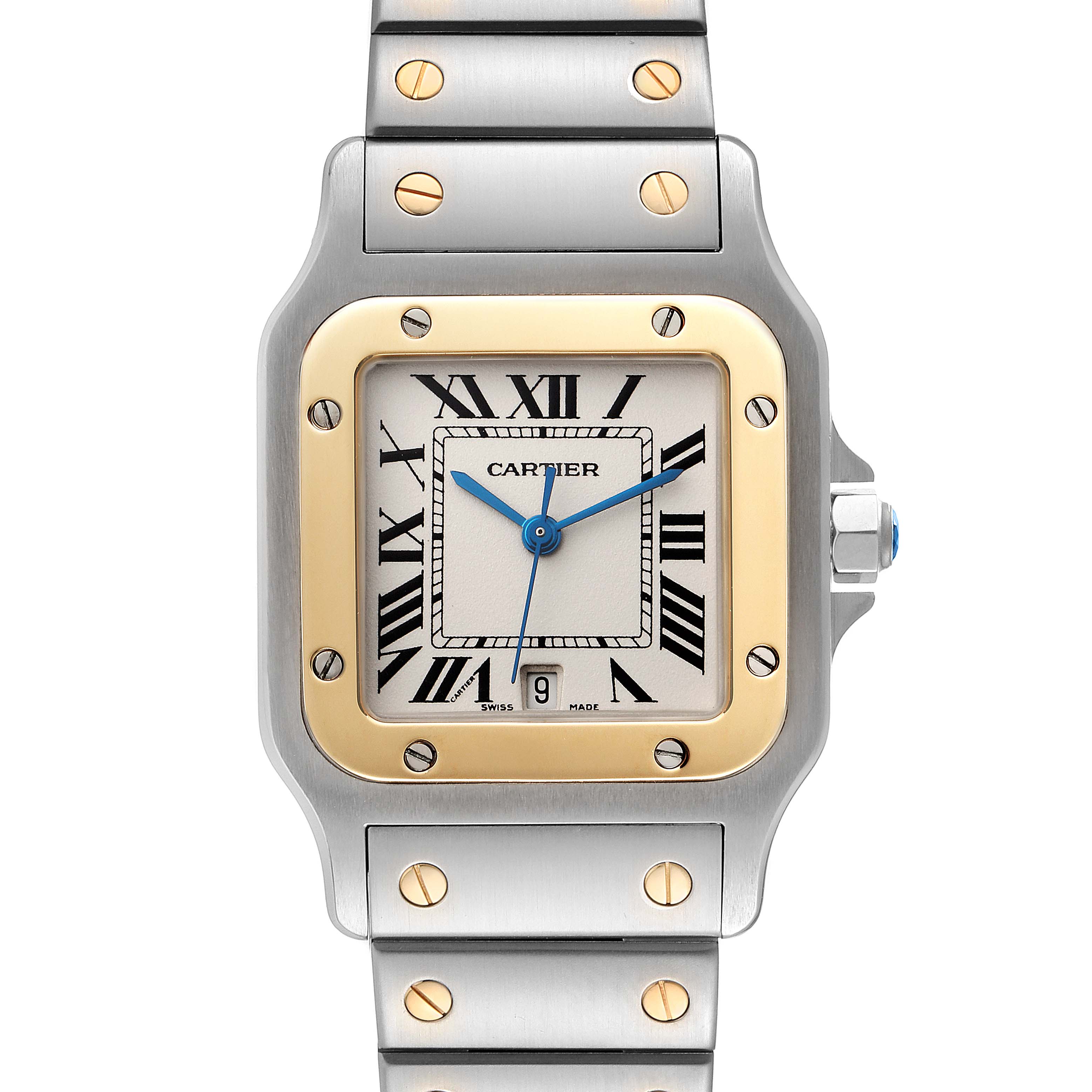 This image shows a frontal view of a Cartier Santos 1566 Men
s Steel and Gold (two tone) Silver Dial 1566 Men
s Steel and Gold (two tone) Silver Dial watch, highlighting its dial, bezel, and part of its bracelet.