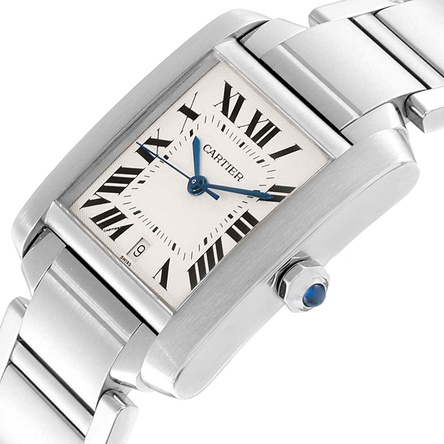 The image shows the Cartier Tank Française watch at an angled close-up, highlighting the dial, crown, and part of the bracelet.