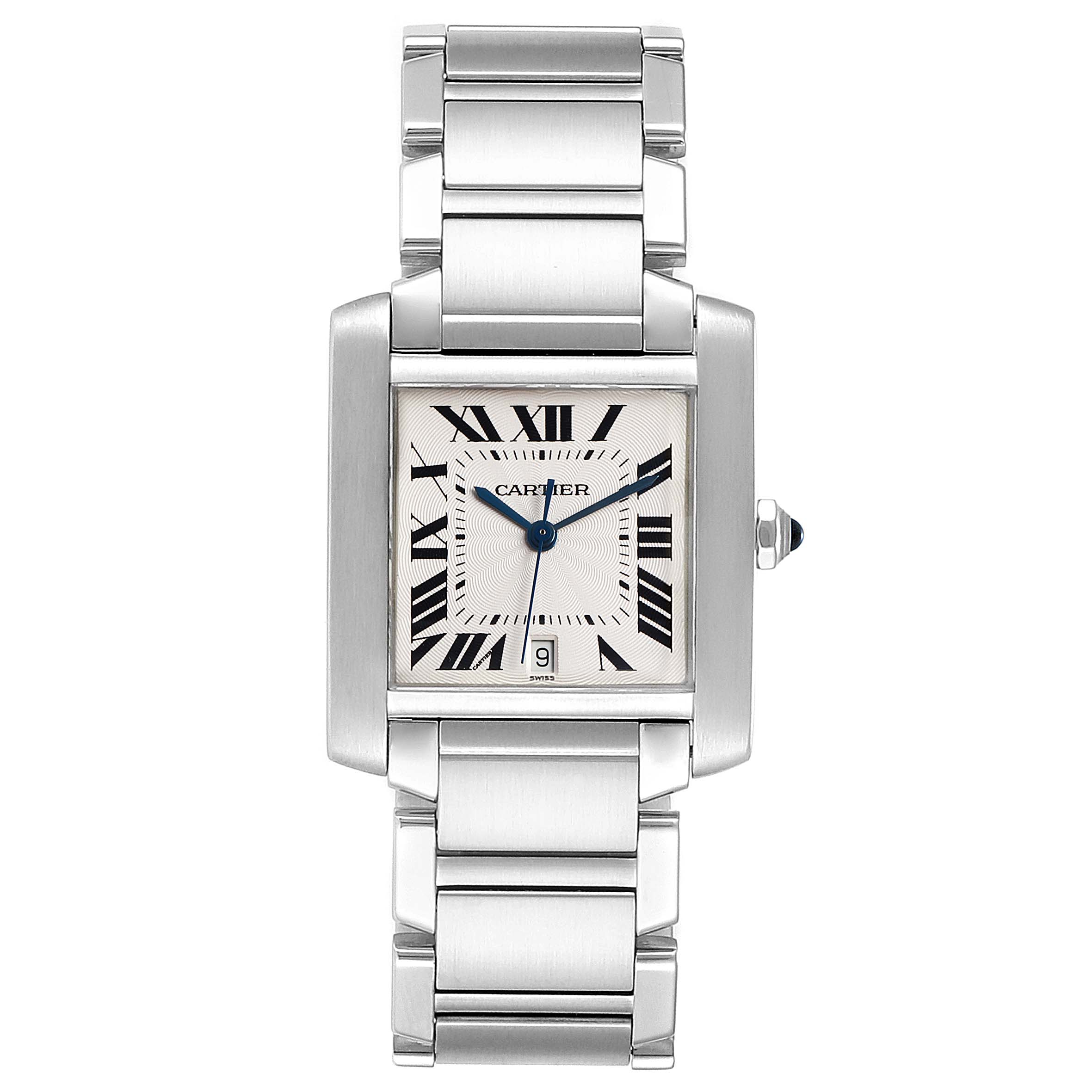 The Tank Francaise watch by Cartier is shown from the front, highlighting its rectangular face and stainless steel bracelet.