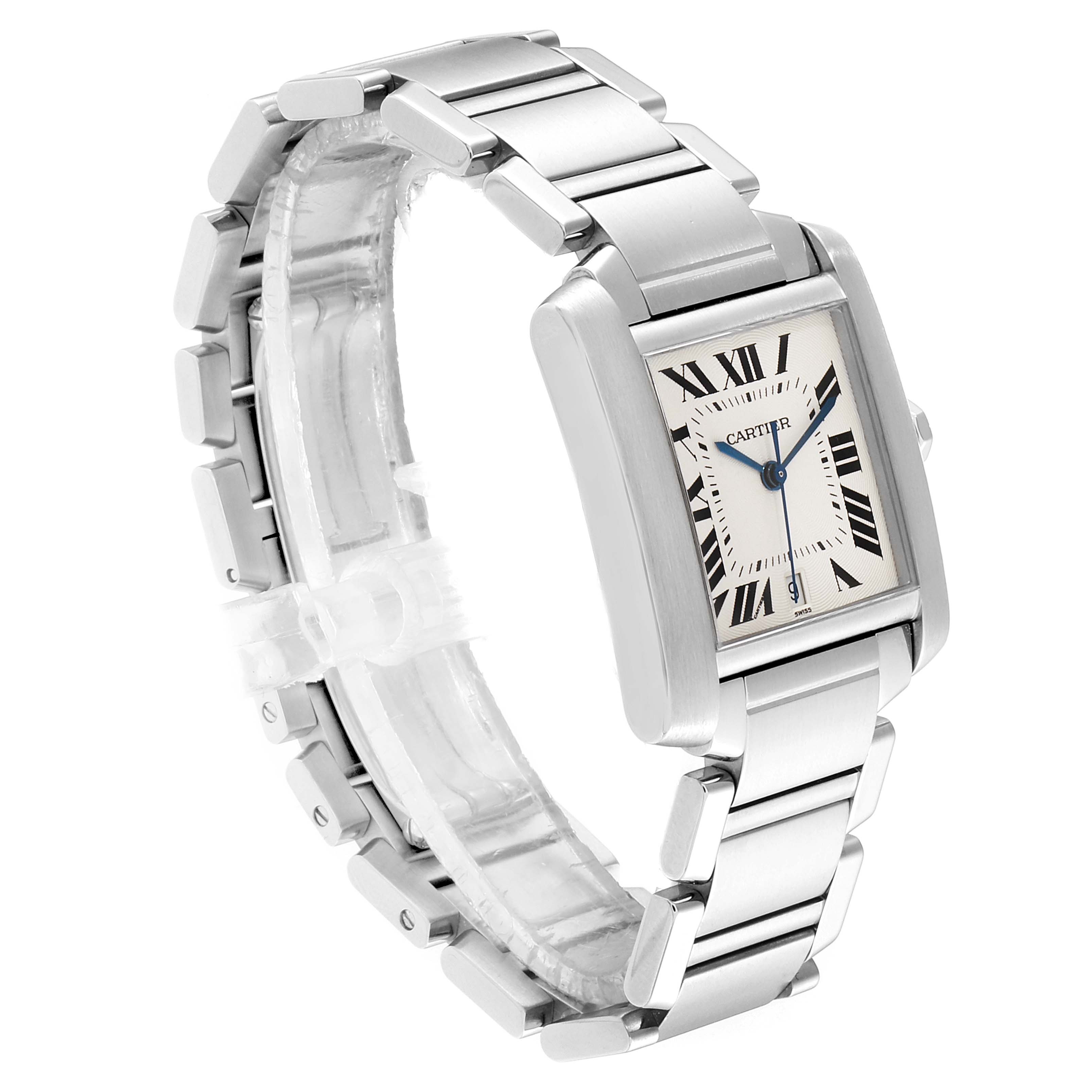 The image shows a side angle view of the Cartier Tank Francaise W51002Q3 Men's Stainless Steel Silver Dial W51002Q3 Men's Stainless Steel Silver Dial watch, displaying its bracelet and rectangular face.