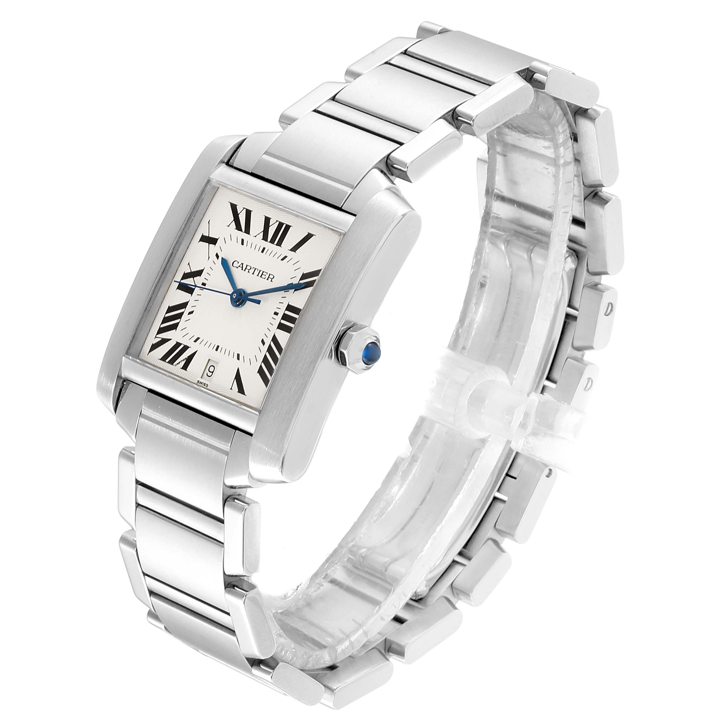 The image shows a Cartier Tank Francaise W51002Q3 Men's Stainless Steel Silver Dial W51002Q3 Men's Stainless Steel Silver Dial watch at a slight angle, displaying its rectangular face, bracelet, and crown with a blue cabochon.