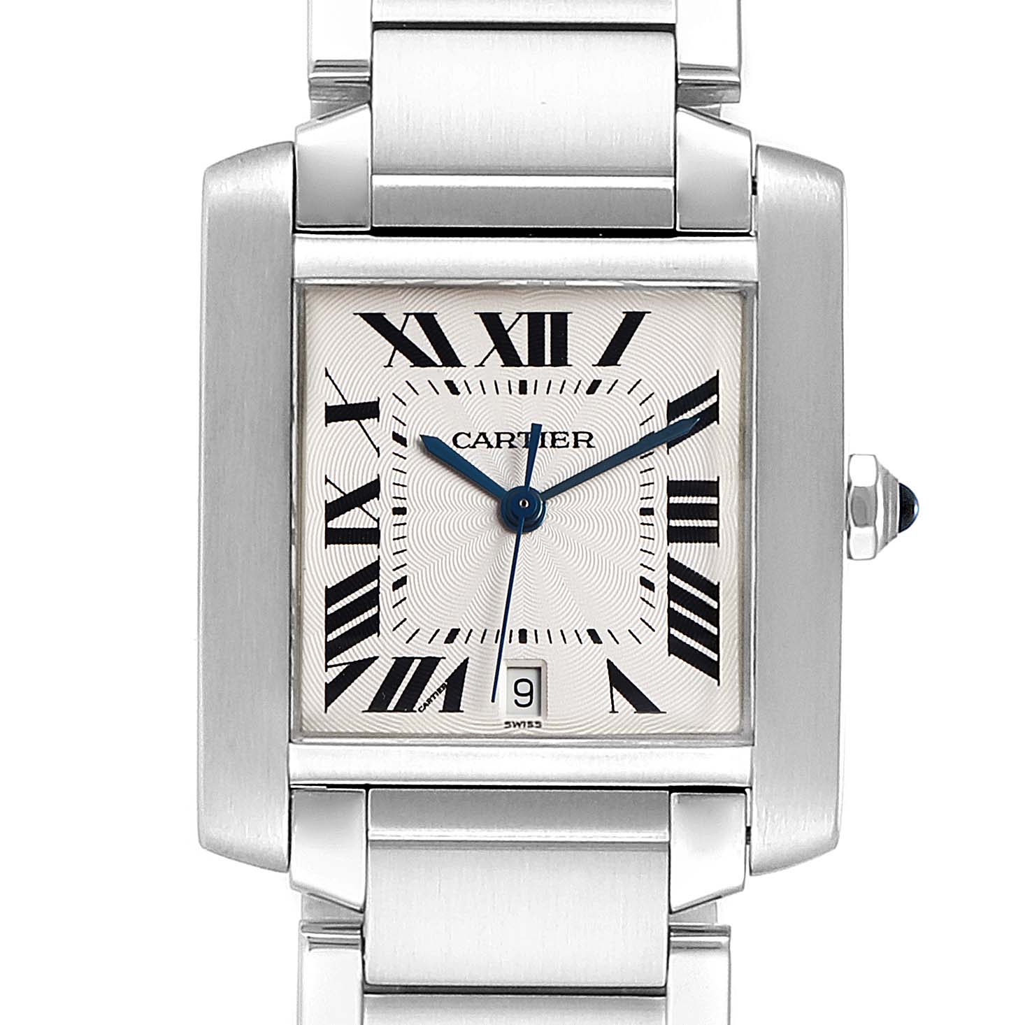The image shows a front view of the Cartier Tank Française watch, highlighting the face, Roman numerals, hands, and part of the bracelet.