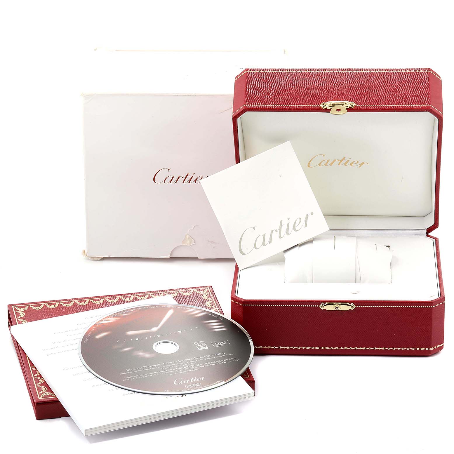 The image shows the packaging, instruction booklet, and CD for the Cartier Tank Francaise W51002Q3 Men's Stainless Steel Silver Dial W51002Q3 Men's Stainless Steel Silver Dial watch model.