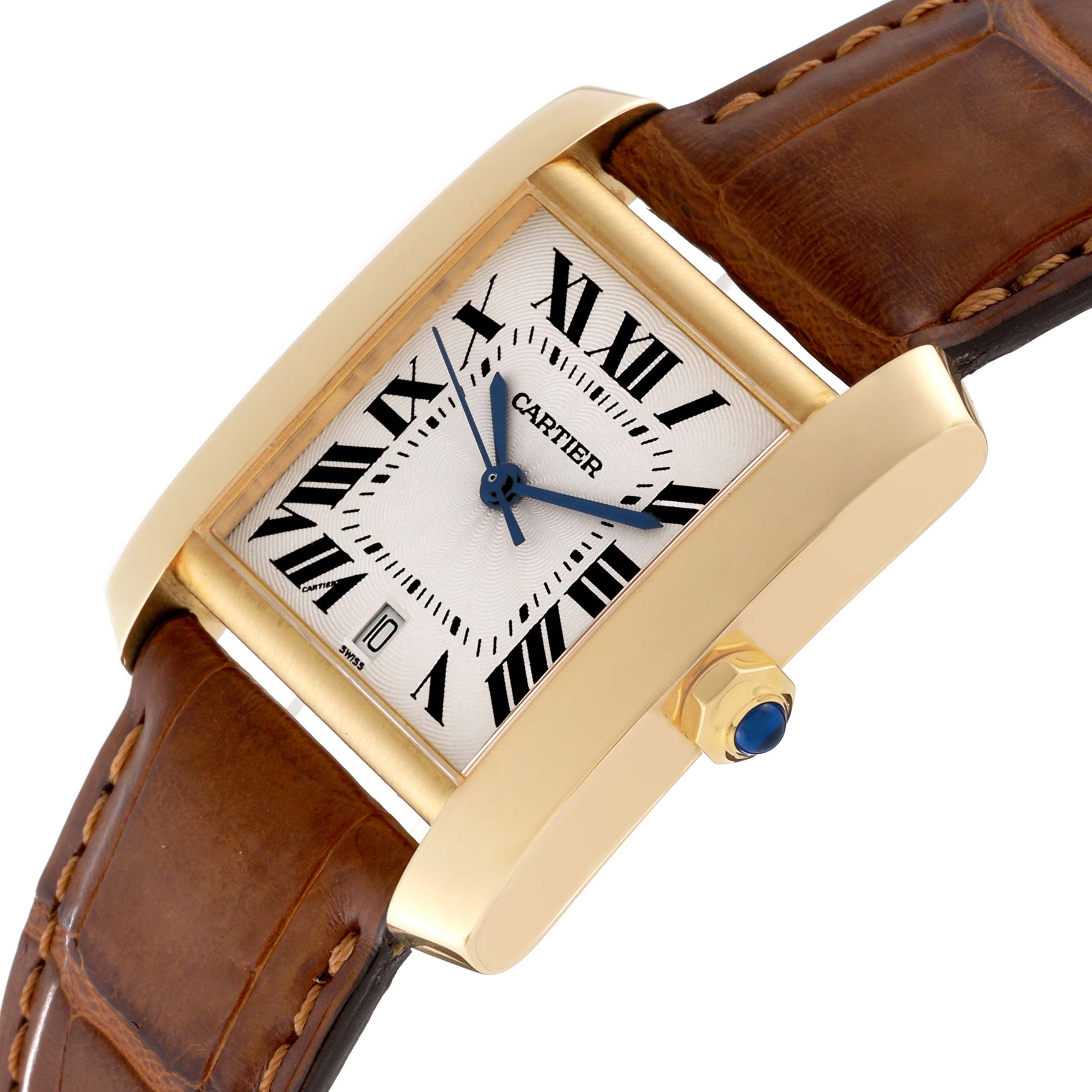 The Cartier Tank Francaise W5000156 Men
s Yellow Gold Silver Dial W5000156 Men
s Yellow Gold Silver Dial watch is shown at an angled side view, highlighting the dial, crown, and leather strap.