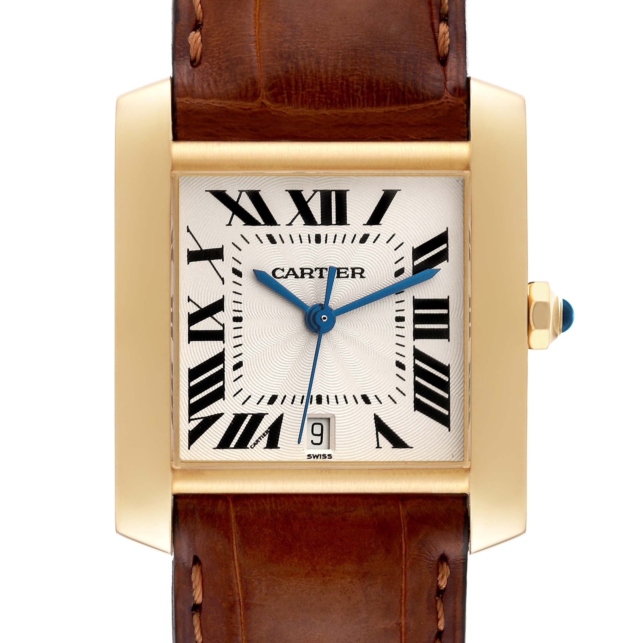 This image shows a front view of a Cartier Tank Francaise W5000156 Men
s Yellow Gold Silver Dial W5000156 Men
s Yellow Gold Silver Dial watch, highlighting its dial, Roman numerals, blue hands, and brown leather strap.