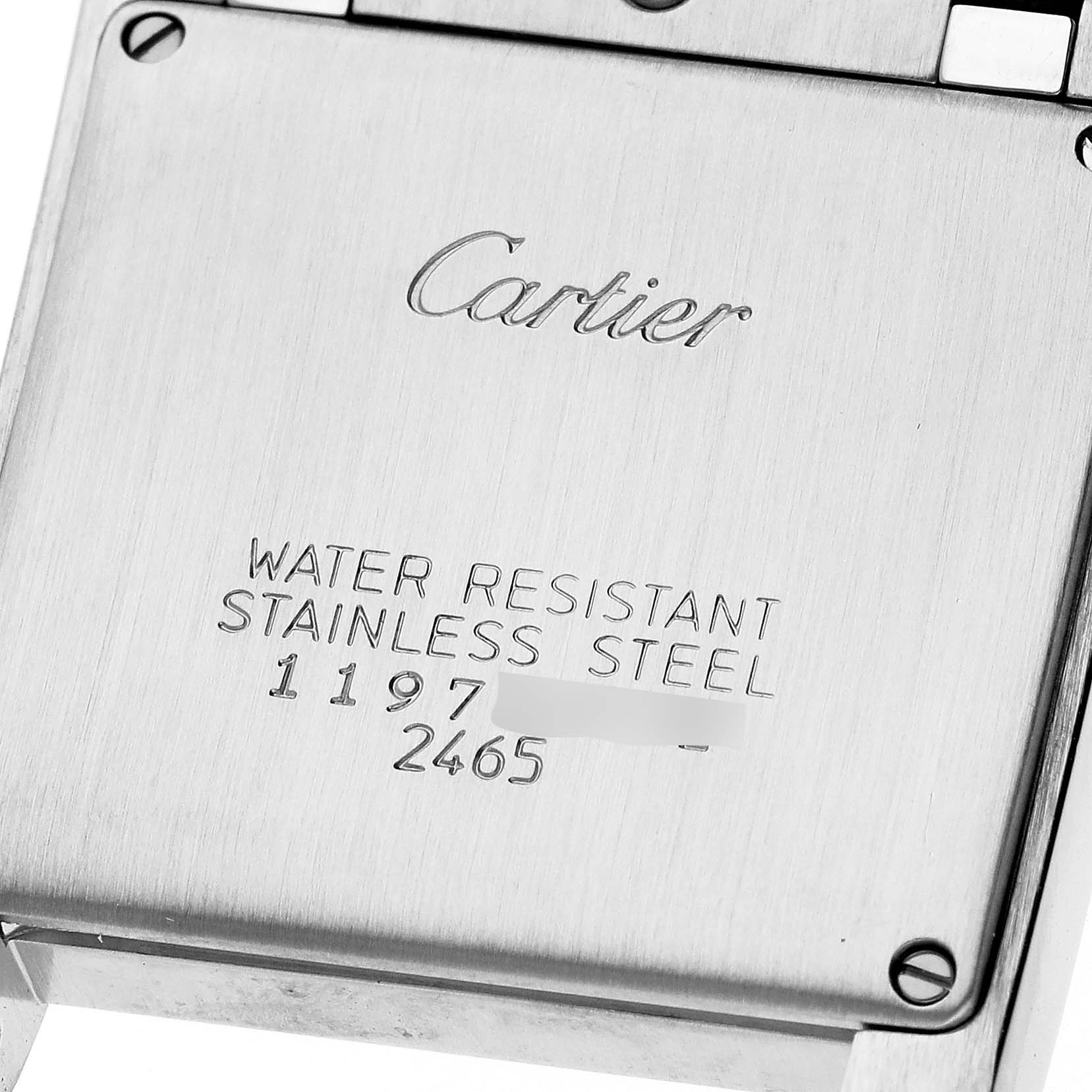 This is the back view of a stainless steel Cartier Tank Française watch, displaying water resistance and serial numbers.