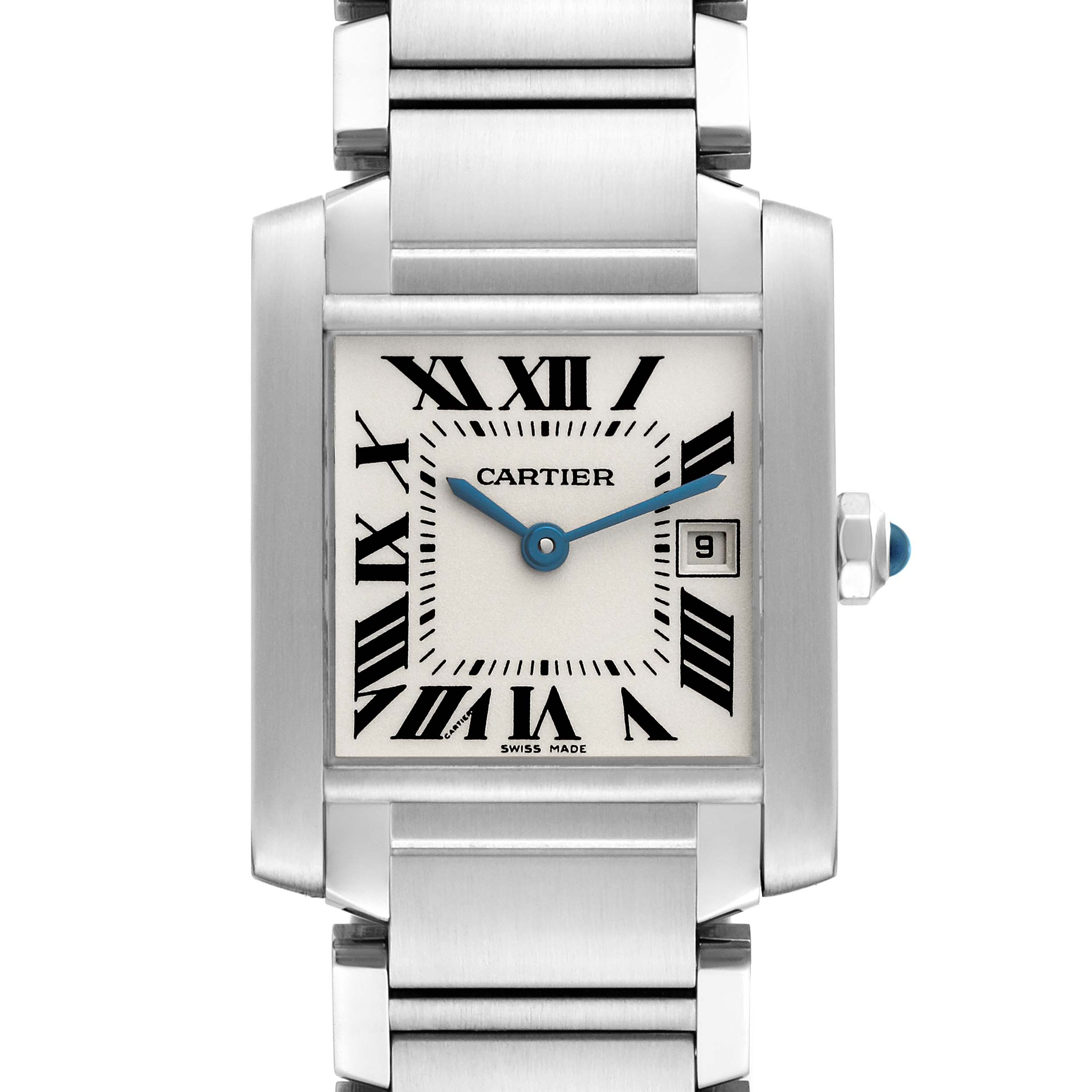 The image shows a front view of a Cartier Tank Francaise W51011Q3 Women
s Stainless Steel Silver Dial W51011Q3 Women
s Stainless Steel Silver Dial watch displaying its square dial, Roman numerals, and metal bracelet.