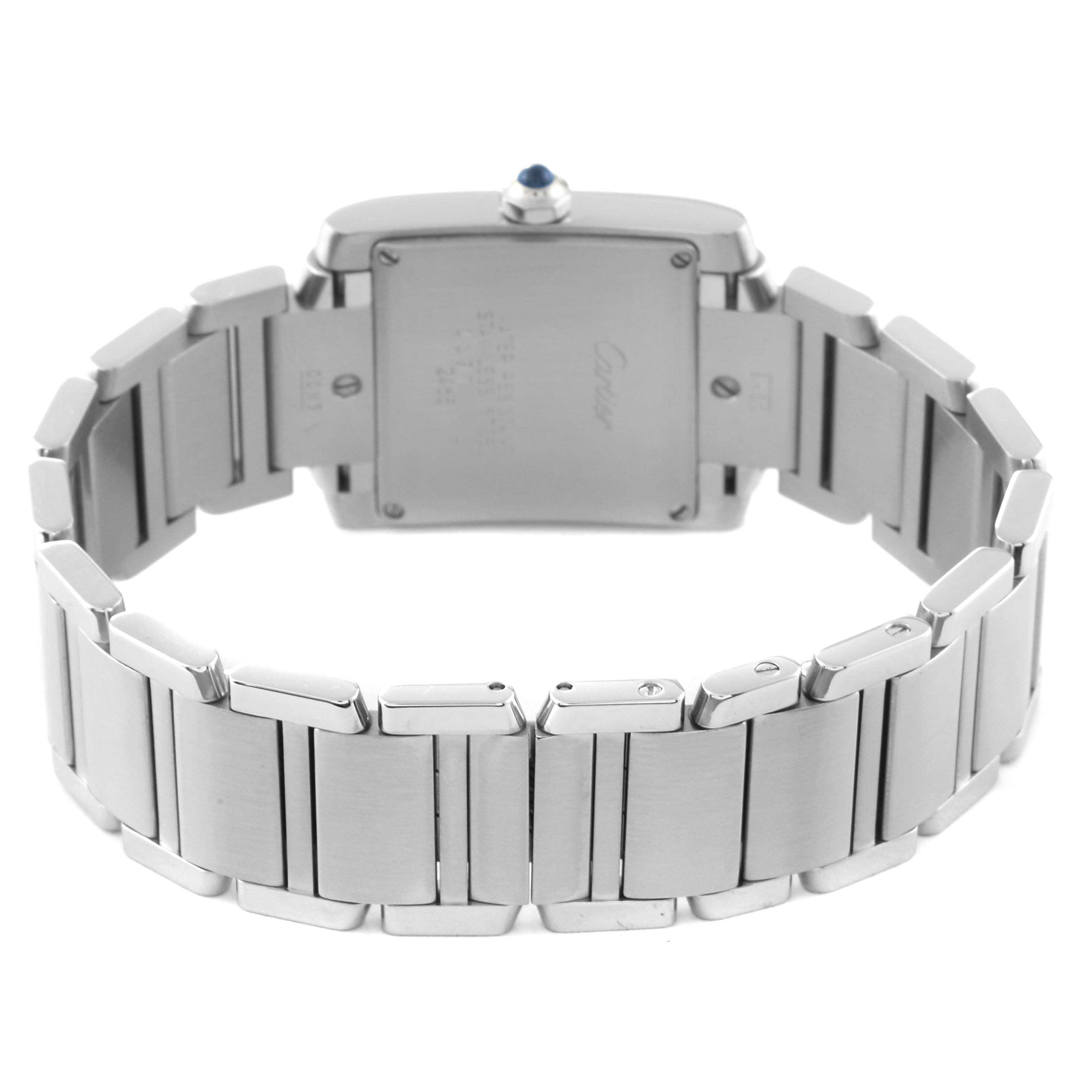 The image shows the back of the Cartier Tank Française watch and its metal bracelet band.