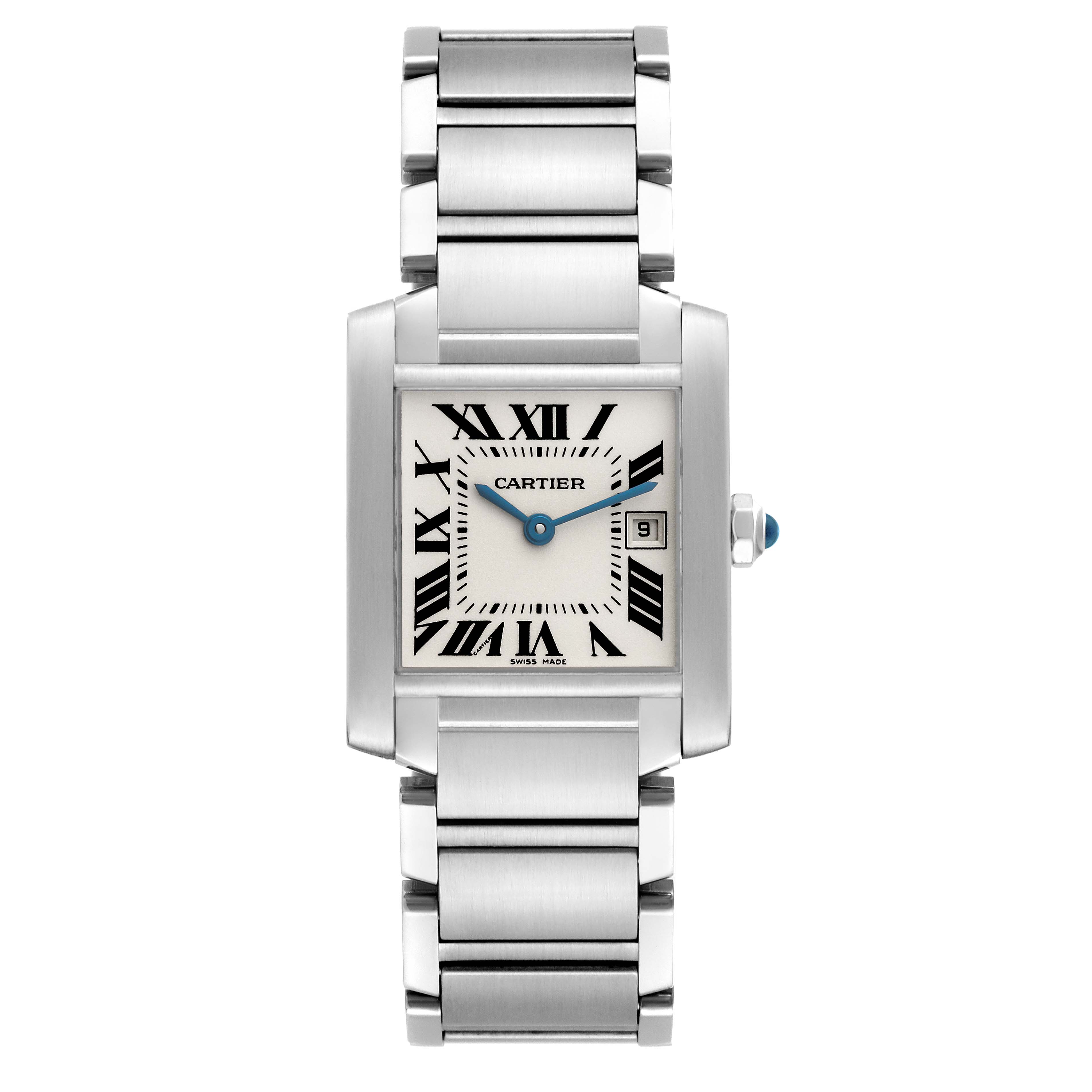 The Cartier Tank Française watch is shown from a straight-on angle, displaying the face, bracelet, crown, and clasp.