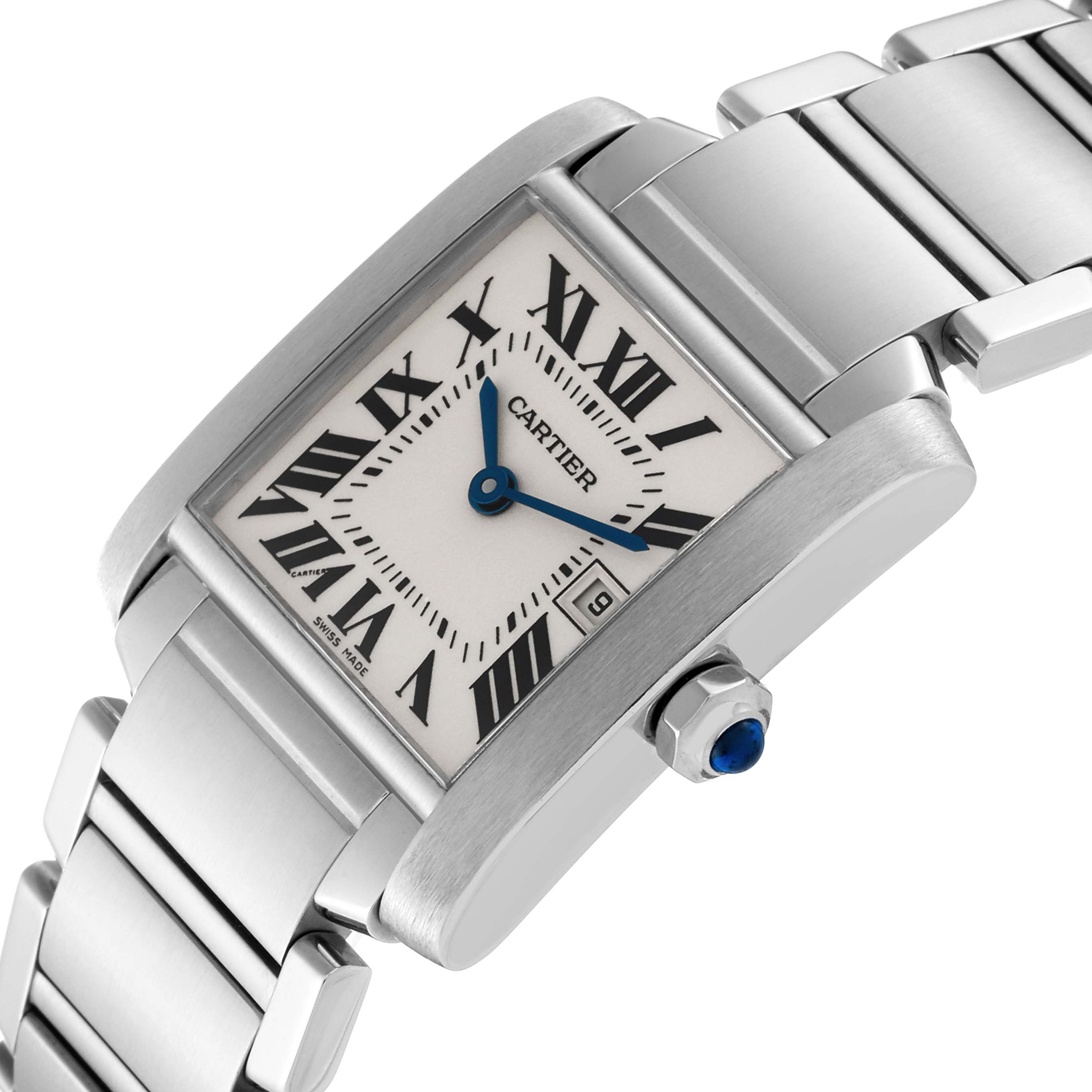 The image shows a close-up angle of the Cartier Tank Francaise W51011Q3 Women
s Stainless Steel Silver Dial W51011Q3 Women
s Stainless Steel Silver Dial watch, focusing on the face, bracelet, and crown with a blue cabochon.