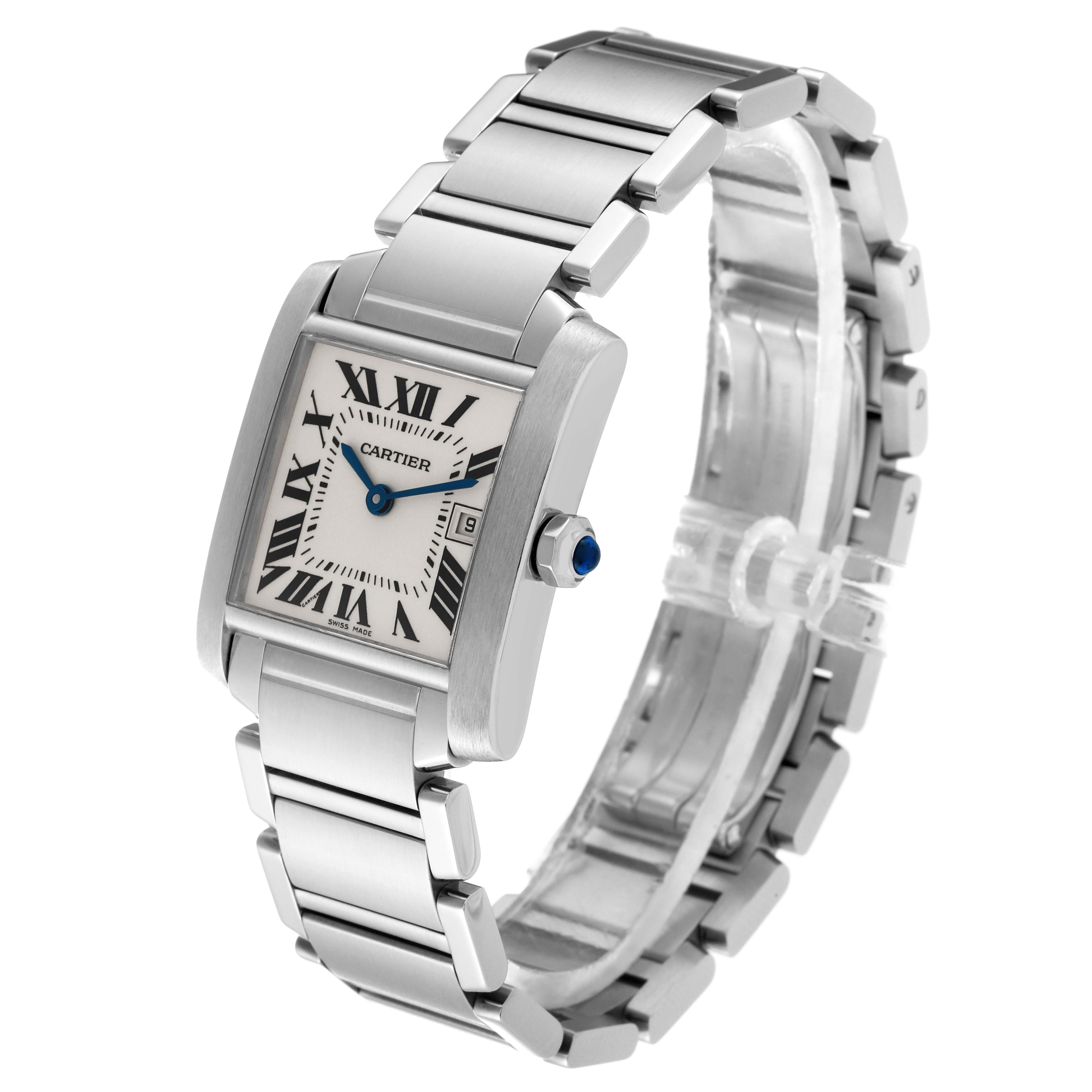 The image shows a Cartier Tank Francaise W51011Q3 Women
s Stainless Steel Silver Dial W51011Q3 Women
s Stainless Steel Silver Dial watch viewed at a slight angle with a clear view of the dial and metal bracelet.