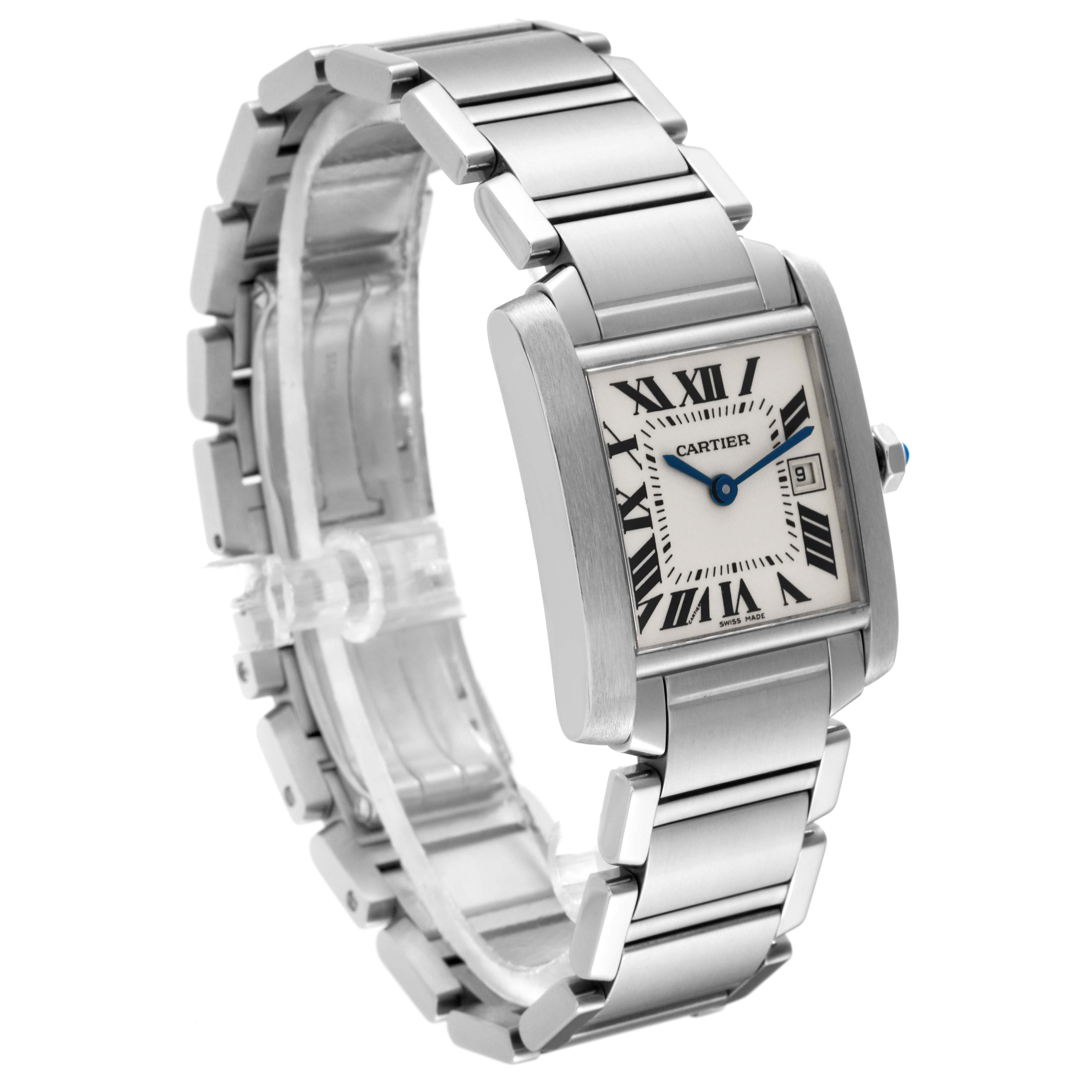 This image shows a Cartier Tank Francaise W51011Q3 Women
s Stainless Steel Silver Dial W51011Q3 Women
s Stainless Steel Silver Dial watch at a three-quarter angle, highlighting its face, bracelet, and crown.