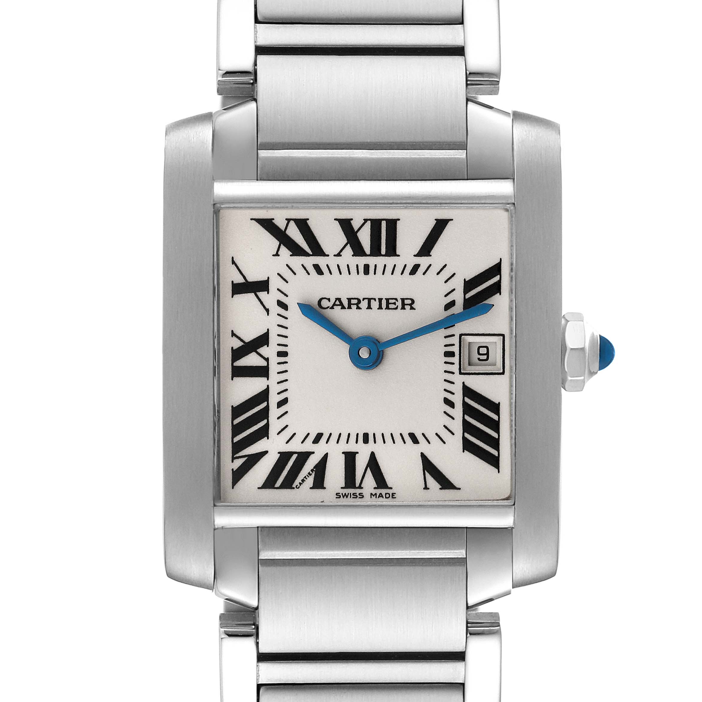 This is a front view of the Cartier Tank Francaise W51011Q3 Women
s Stainless Steel Silver Dial W51011Q3 Women
s Stainless Steel Silver Dial watch showing its face, bracelet, and crown.