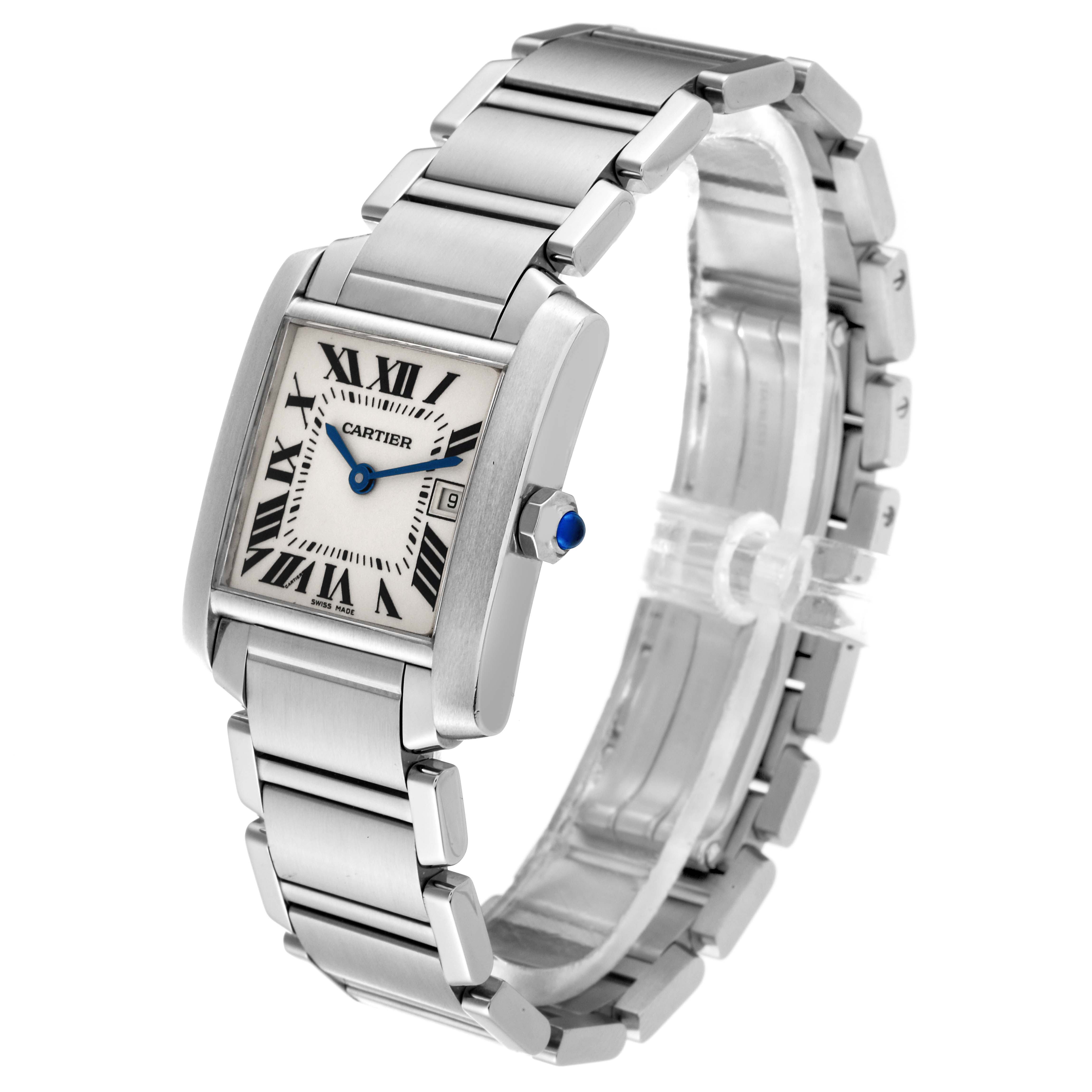 The image shows a Cartier Tank Francaise W51011Q3 Women
s Stainless Steel Silver Dial W51011Q3 Women
s Stainless Steel Silver Dial watch at a slight angle, highlighting its rectangular dial, metal bracelet, and crown.