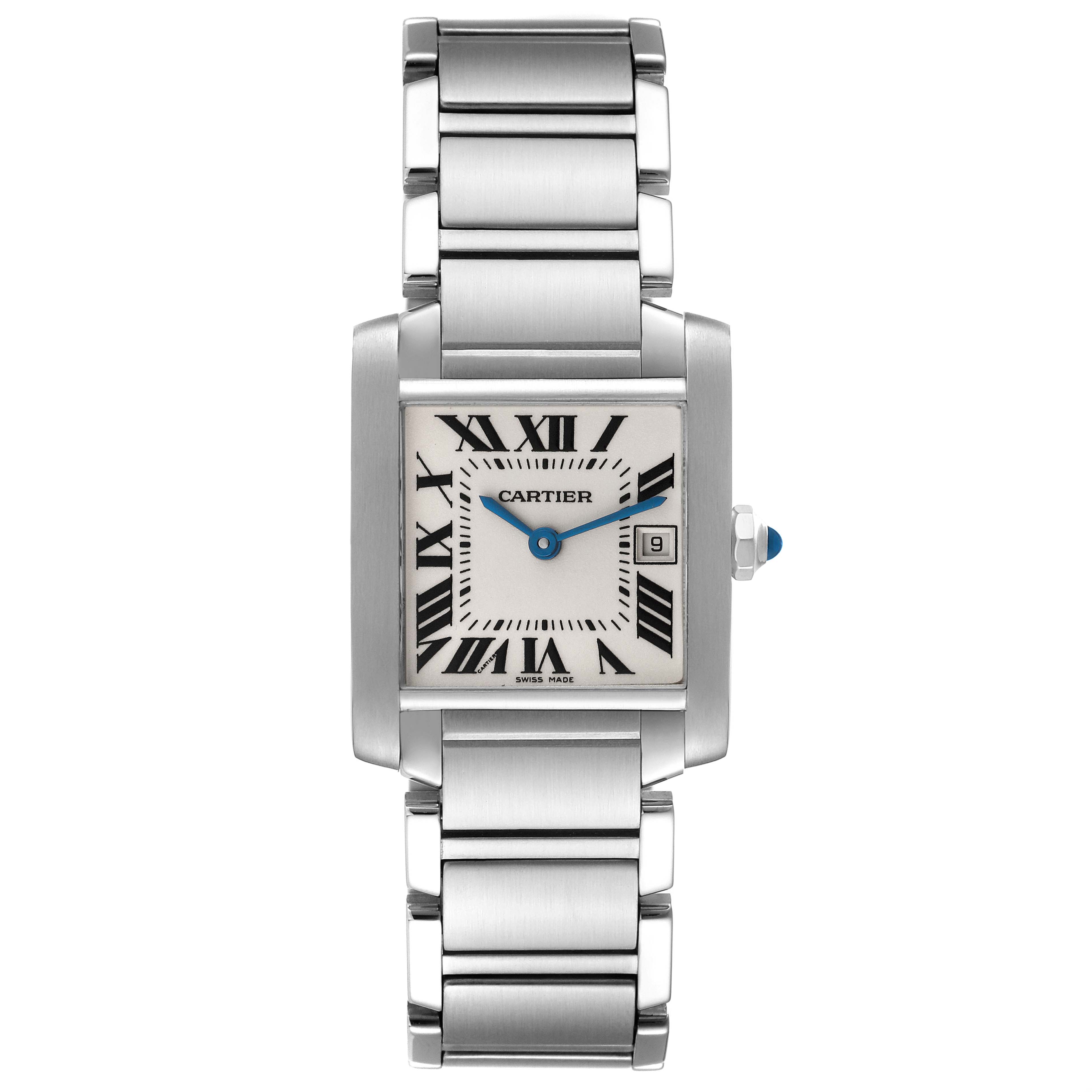 This image shows a frontal view of a Cartier Tank Francaise W51011Q3 Women
s Stainless Steel Silver Dial W51011Q3 Women
s Stainless Steel Silver Dial watch, showcasing the face, bracelet, and crown.