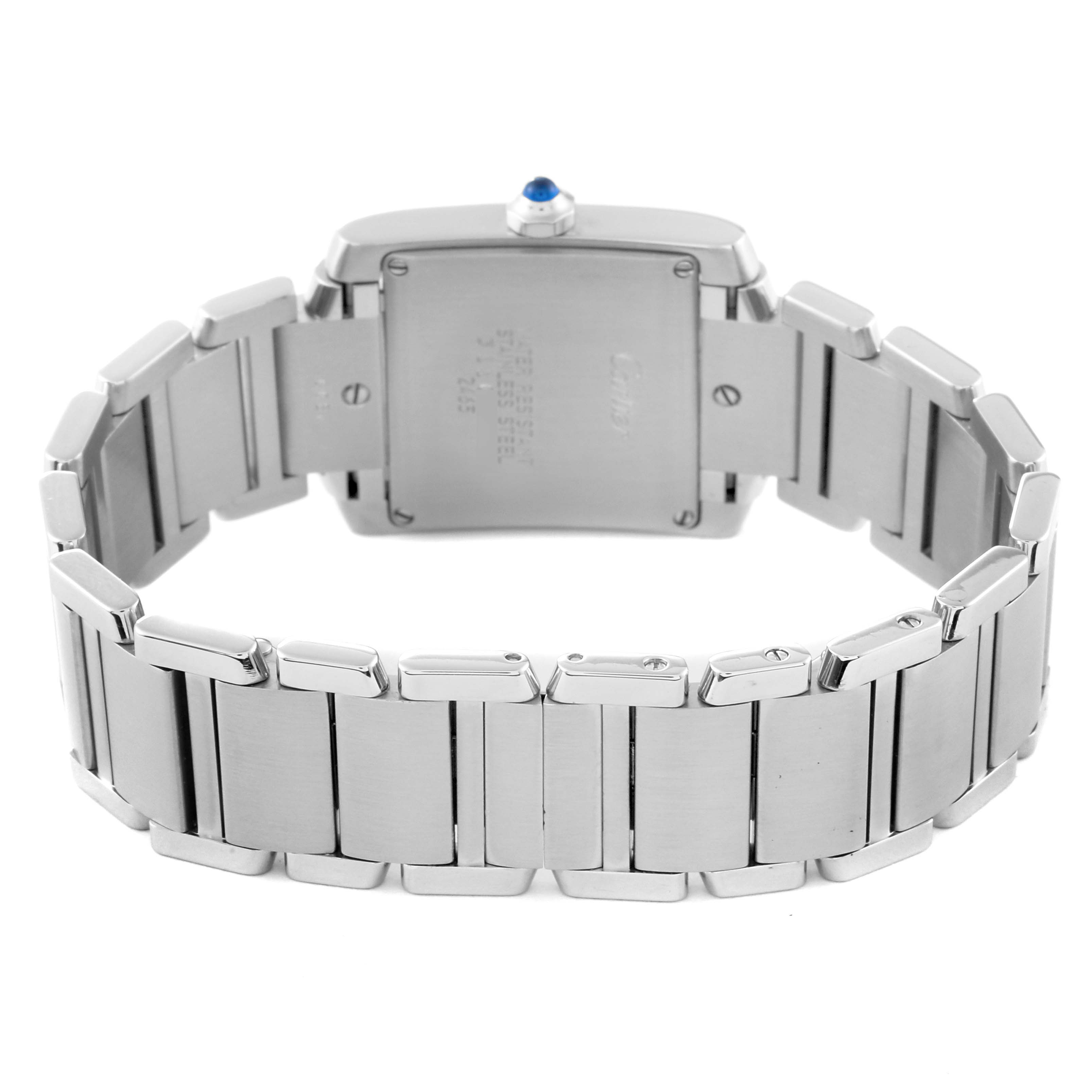 The image shows the backside and stainless steel bracelet of a Cartier Tank Francaise W51011Q3 Women
s Stainless Steel Silver Dial W51011Q3 Women
s Stainless Steel Silver Dial watch.