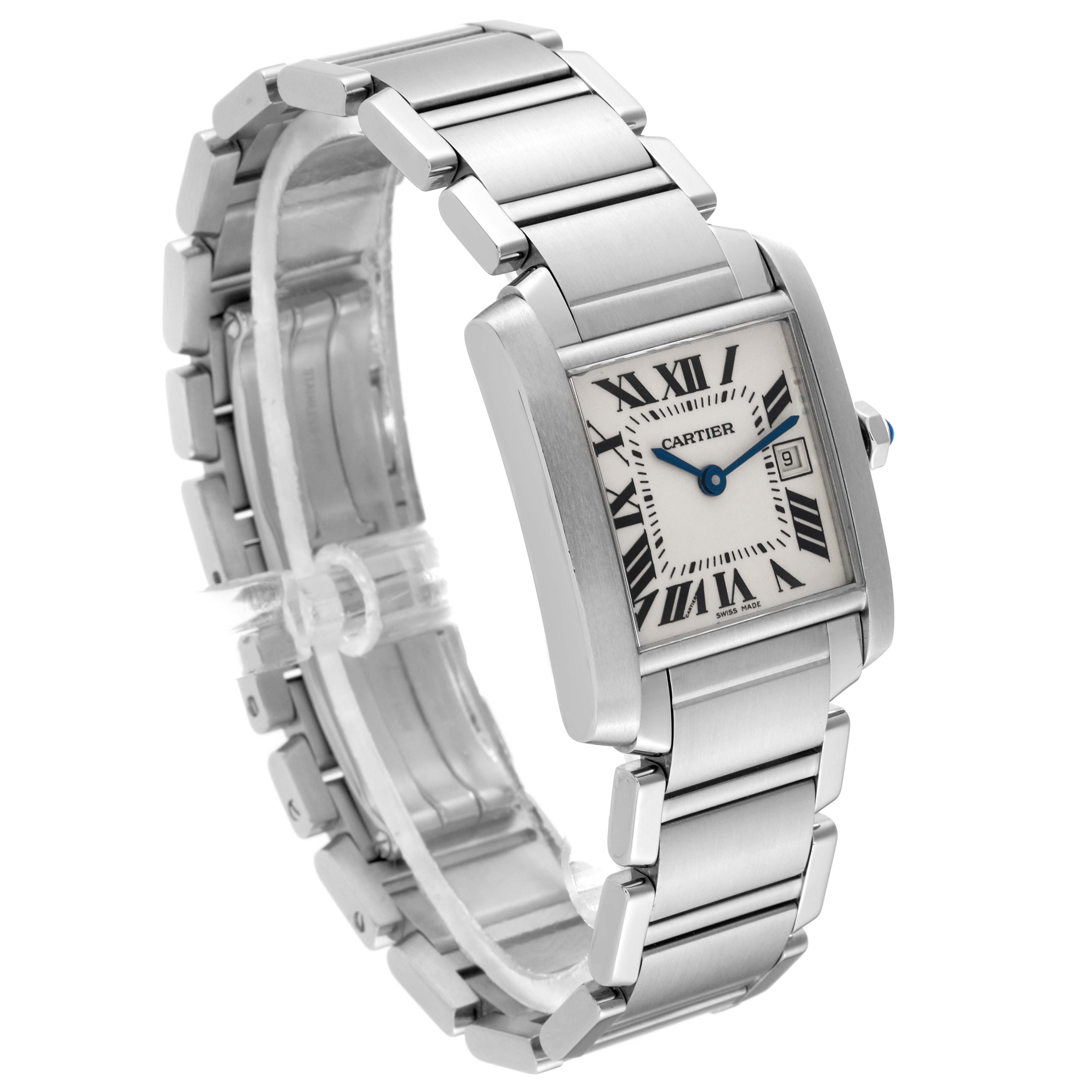 The image shows a Cartier Tank Francaise W51011Q3 Women
s Stainless Steel Silver Dial W51011Q3 Women
s Stainless Steel Silver Dial watch from an angled view, highlighting the strap, case, and dial.