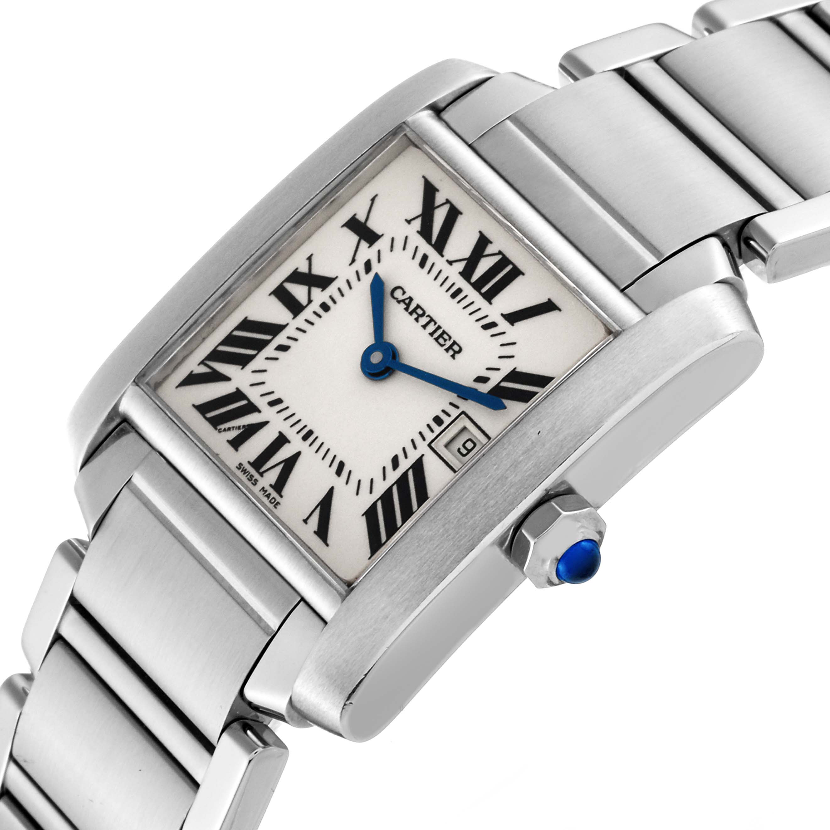 The Tank Francaise model by Cartier is shown from an angled close-up, displaying the face, Roman numerals, and stainless steel bracelet.
