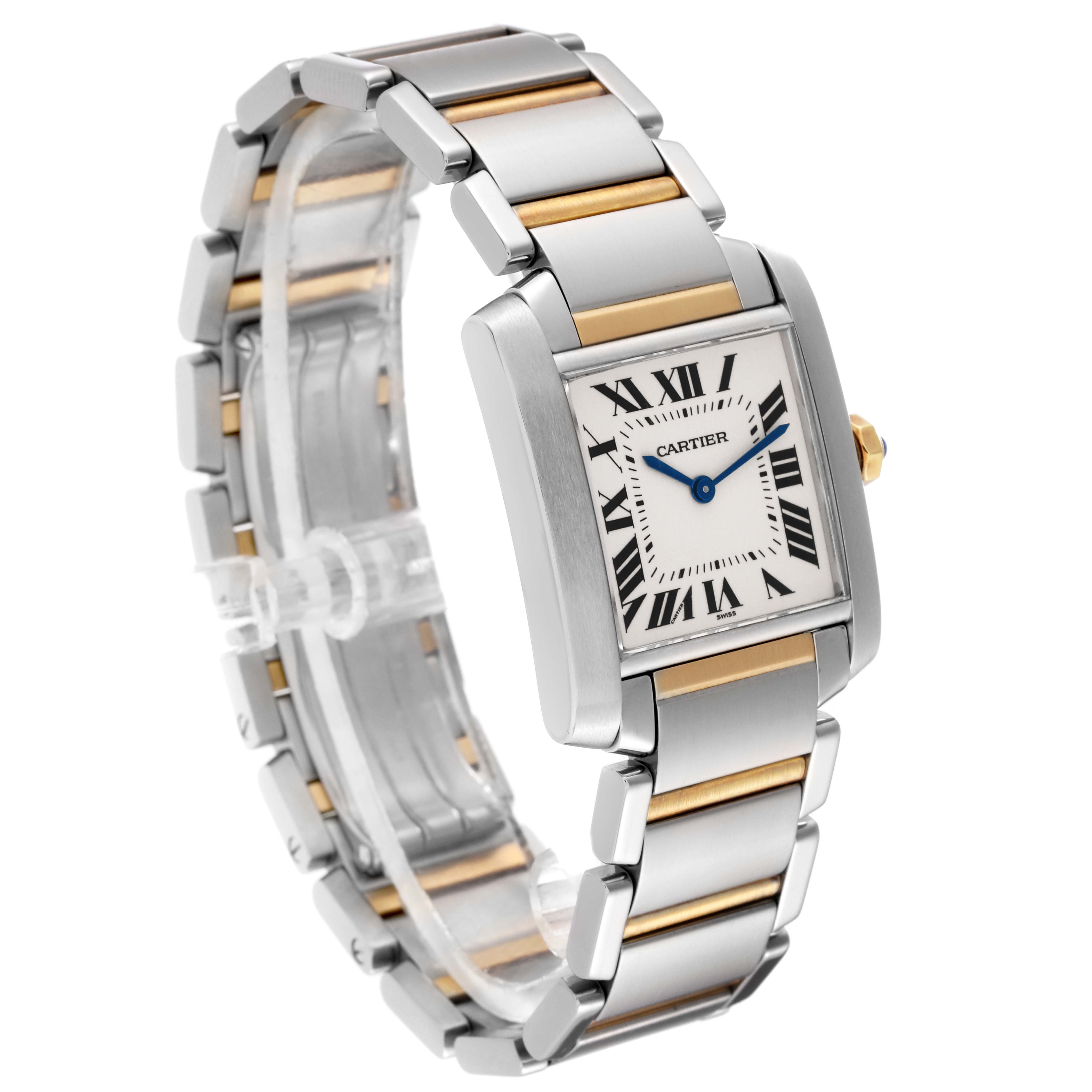The image shows a side-angle view of a Cartier Tank Francaise W2TA0003 Women
s Steel and Gold (two tone) Silver Dial W2TA0003 Women
s Steel and Gold (two tone) Silver Dial watch, highlighting its two-tone metal bracelet and rectangular face.