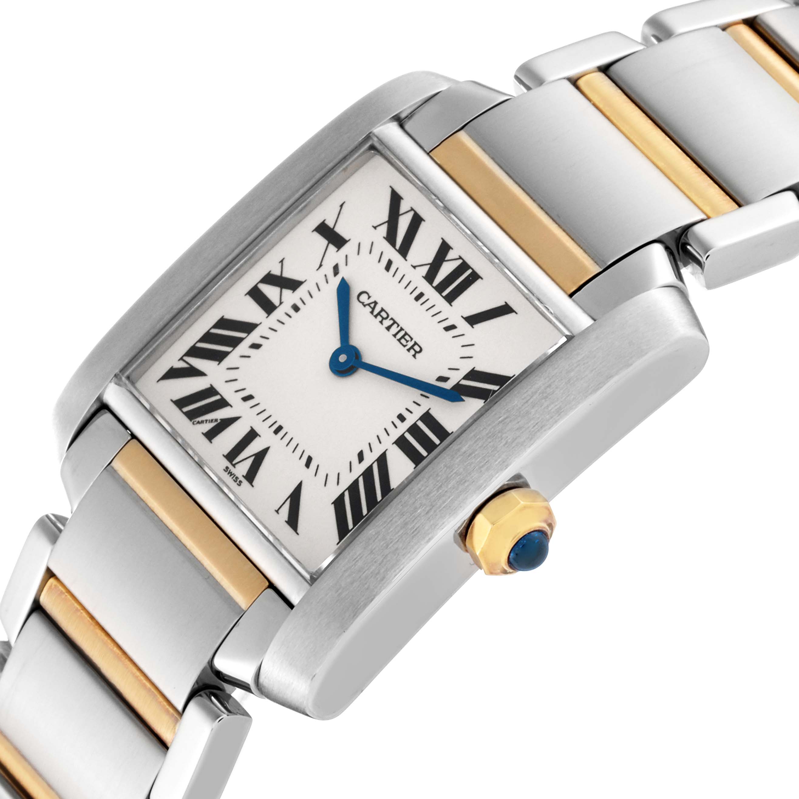 This image shows a close-up angle of the Cartier Tank Francaise W2TA0003 Women
s Steel and Gold (two tone) Silver Dial W2TA0003 Women
s Steel and Gold (two tone) Silver Dial watch, highlighting the face, crown, and parts of the bracelet.