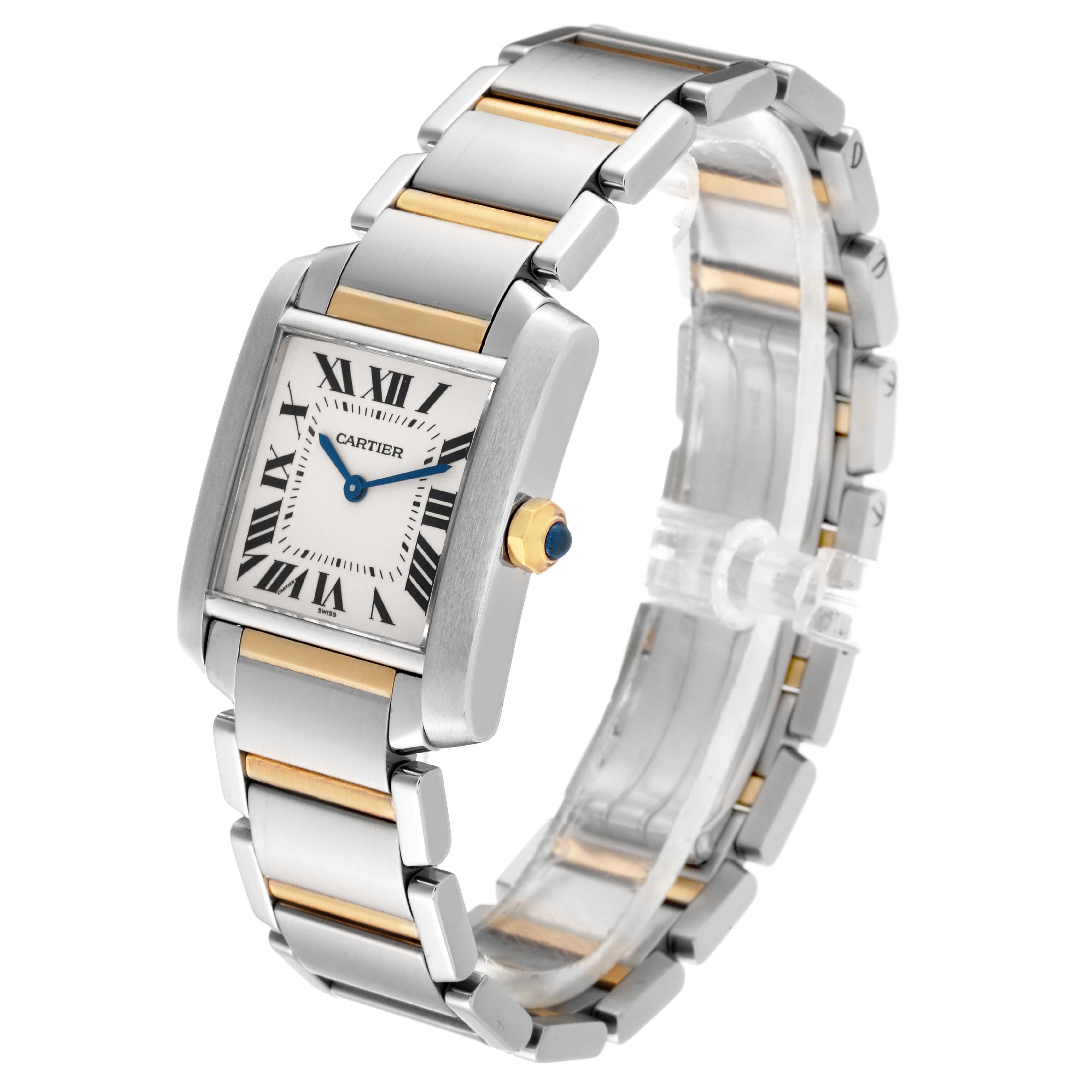 The Cartier Tank Française watch is shown at an angled view displaying its face, bracelet, and crown with a blue gemstone.