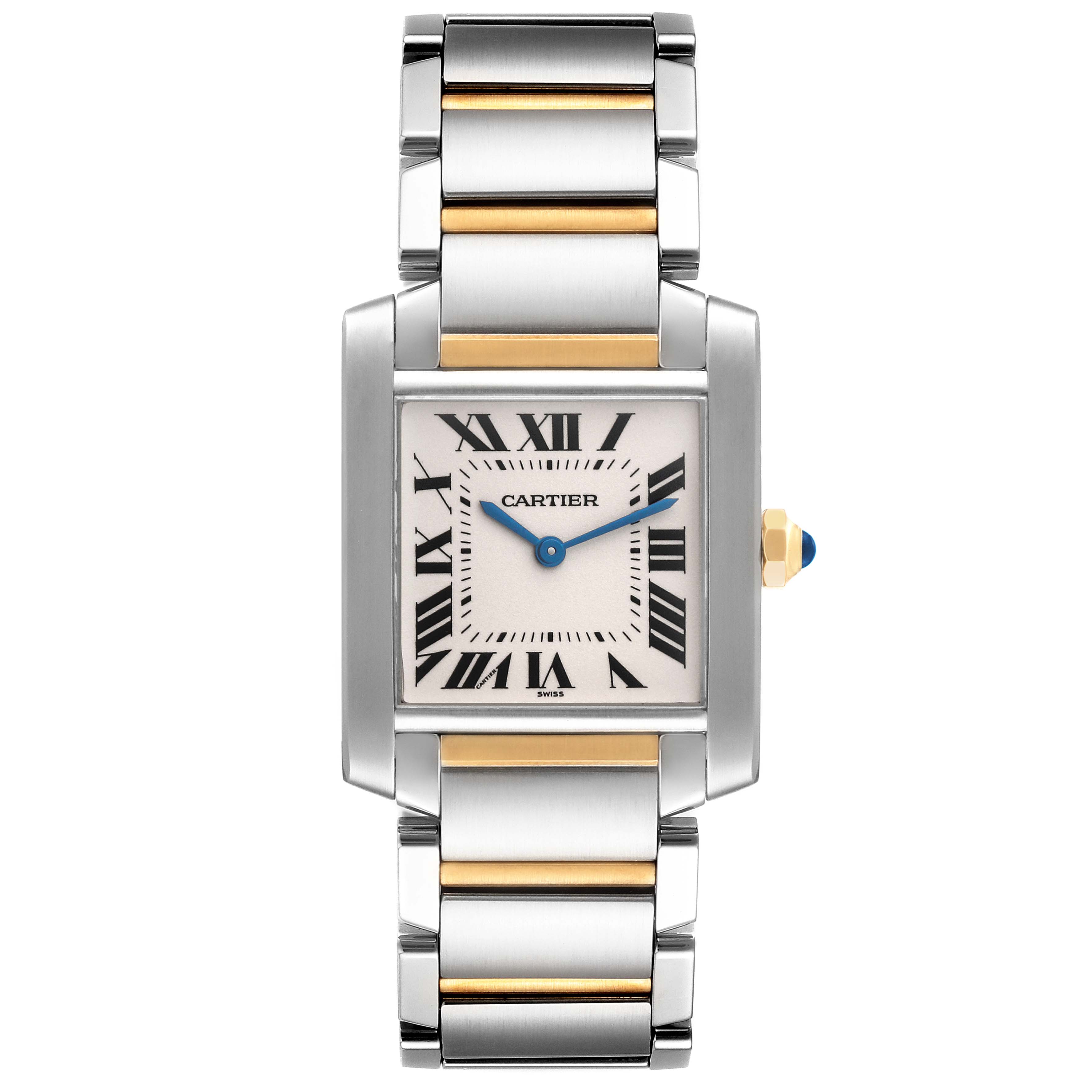 This Cartier Tank Francaise W2TA0003 Women
s Steel and Gold (two tone) Silver Dial W2TA0003 Women
s Steel and Gold (two tone) Silver Dial watch is shown from a top-down angle, featuring the face, bracelet, and crown.