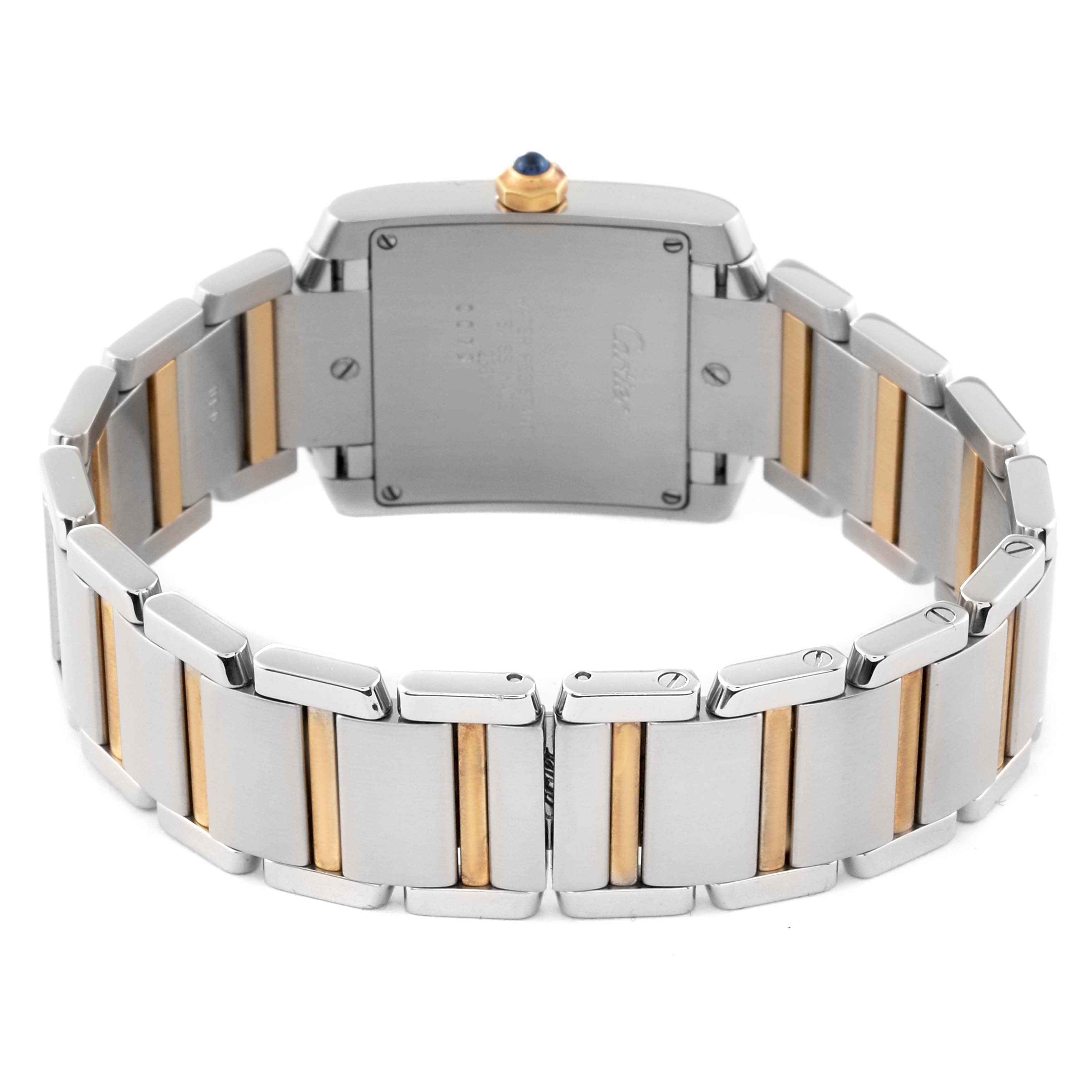 The image shows the rear view of a Cartier Tank Francaise W2TA0003 Women
s Steel and Gold (two tone) Silver Dial W2TA0003 Women
s Steel and Gold (two tone) Silver Dial watch, displaying the back case and two-tone metal bracelet.