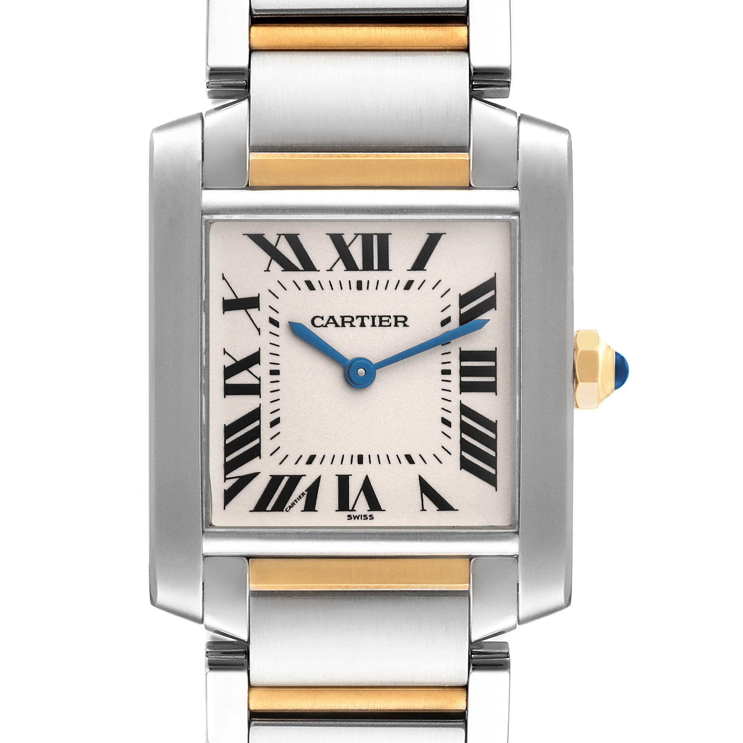 The image shows a front view of the Cartier Tank Francaise W2TA0003 Women
s Steel and Gold (two tone) Silver Dial W2TA0003 Women
s Steel and Gold (two tone) Silver Dial watch, including its Roman numeral dial, blue hands, and two-tone metal bracelet.