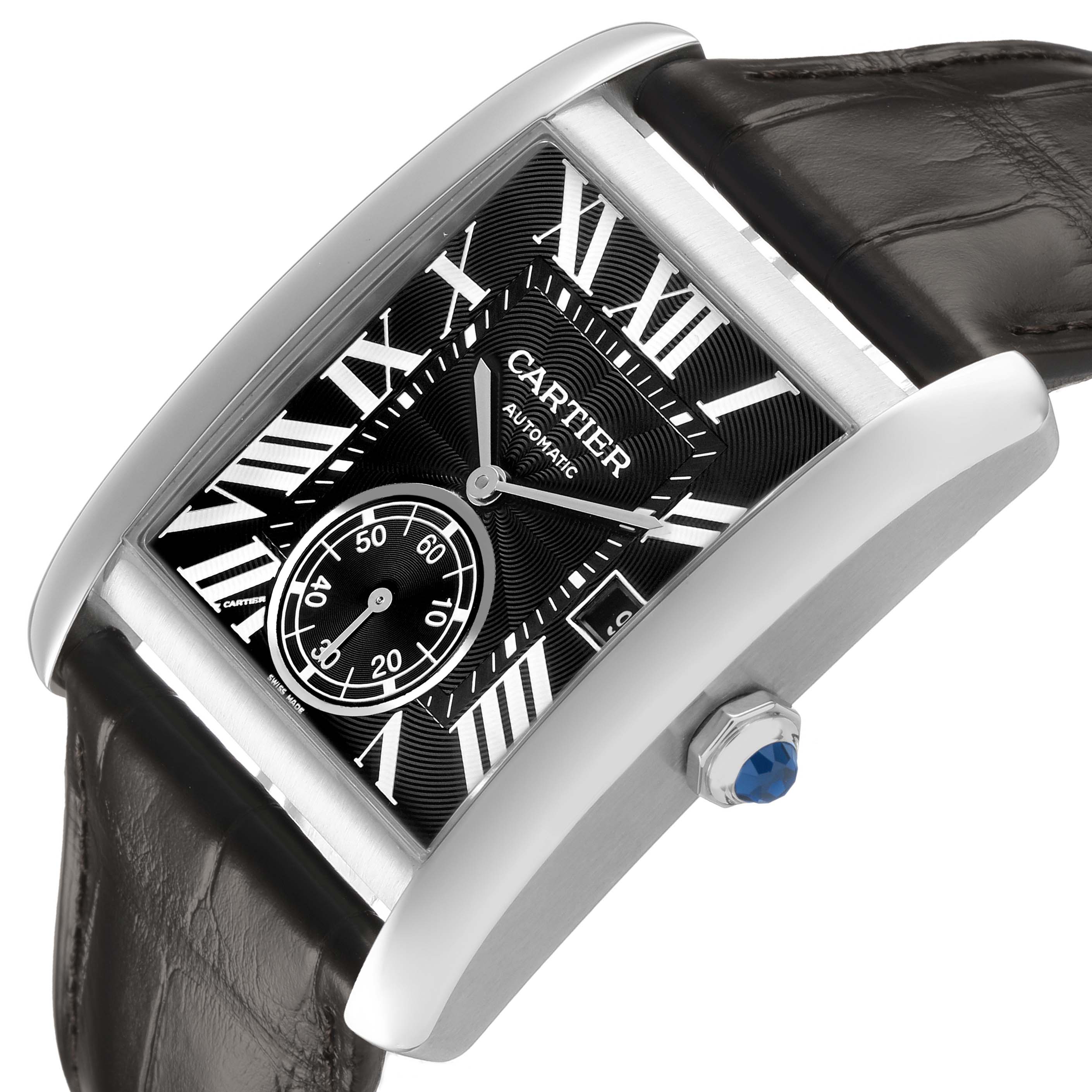 The image shows a Cartier Tank MC W5330004 Men's Stainless Steel Black Dial watch at an angle highlighting its rectangular face, crown with blue gem, and leather strap.