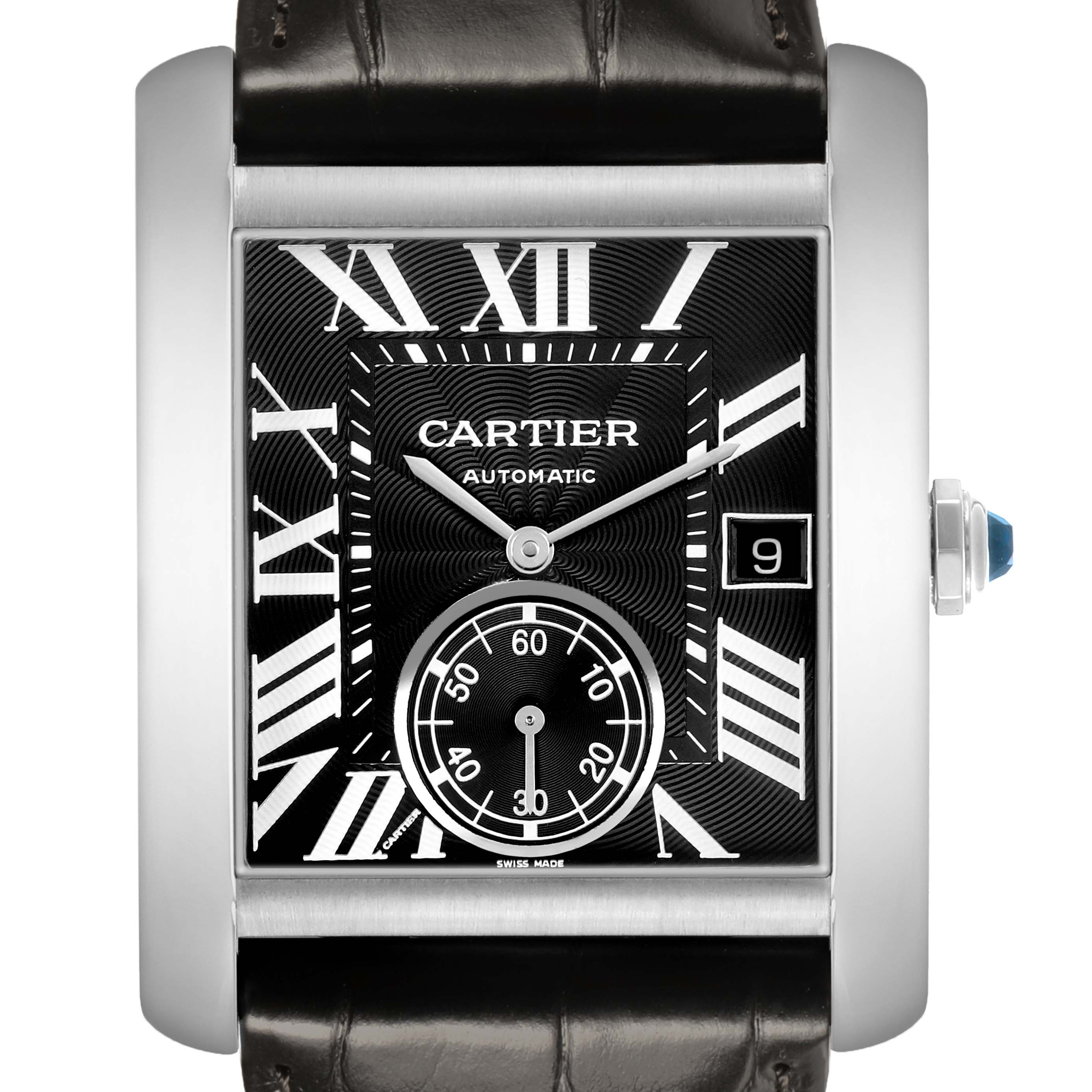 The Cartier Tank MC W5330004 Men's Stainless Steel Black Dial watch is shown from the front, displaying its face, Roman numerals, subdial, and date window.