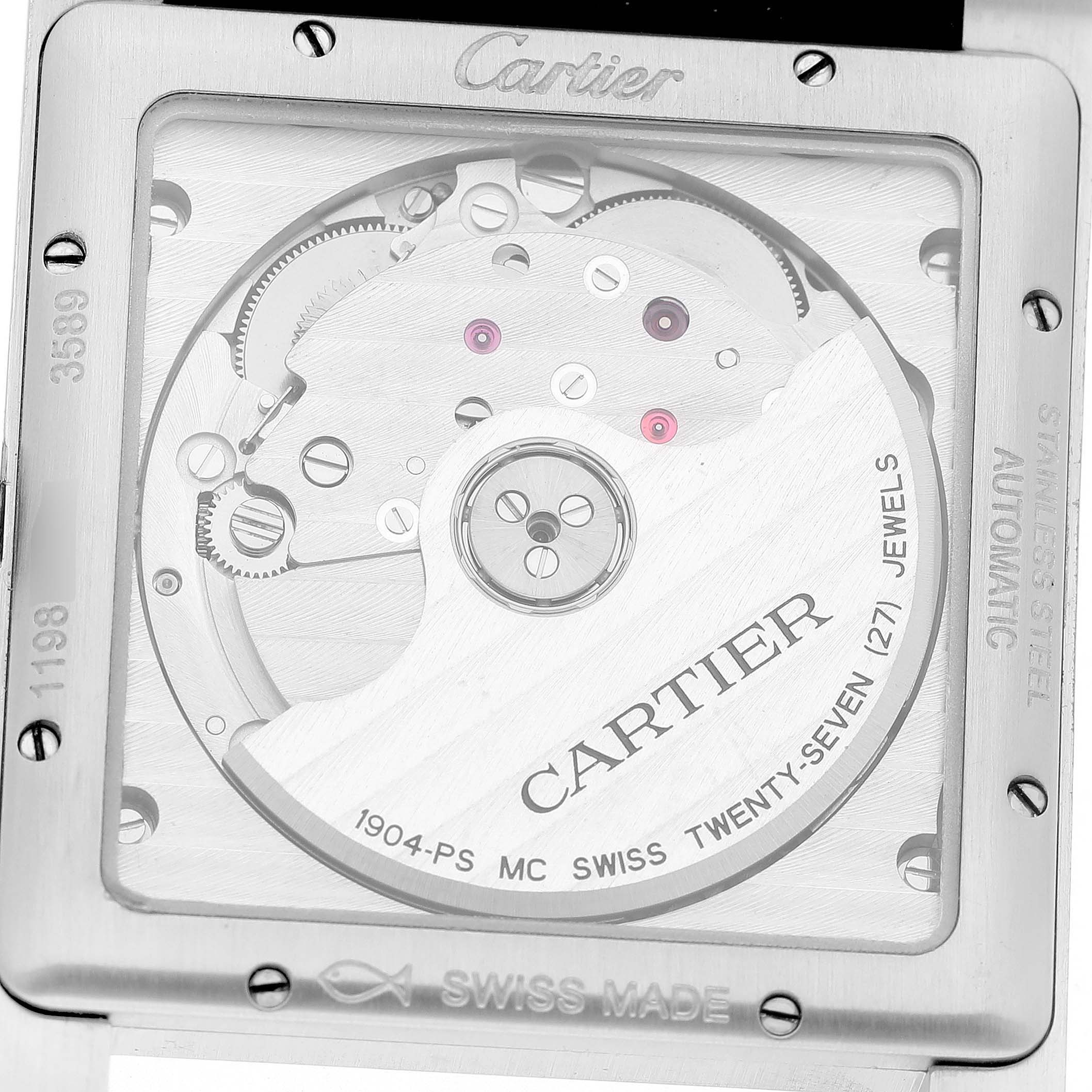 The image shows the back view of a Cartier Tank MC W5330004 Men's Stainless Steel Black Dial, highlighting its mechanical movement and engraved details.