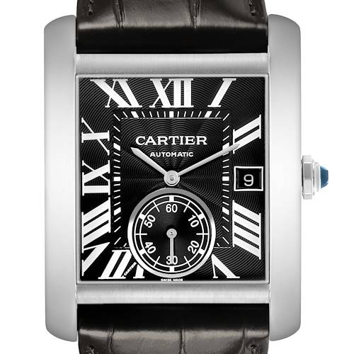 The Cartier Tank MC W5330004 Men's Stainless Steel Black Dial watch is shown from a front angle, highlighting the dial, case, and crown with a visible date window and subdial.