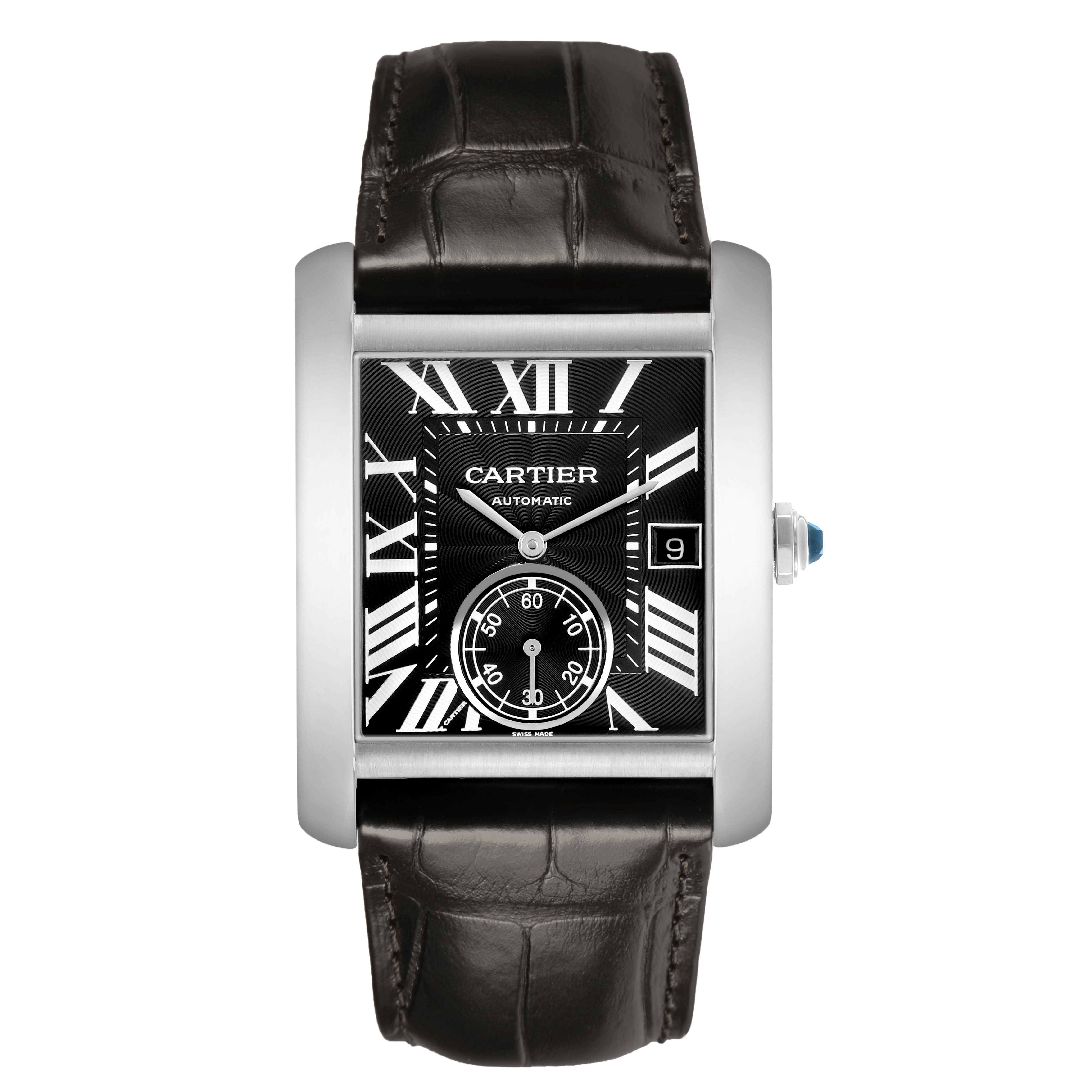 The Cartier Tank MC W5330004 Men's Stainless Steel Black Dial watch is shown from a top-down angle, highlighting the face, case, strap, and crown details.