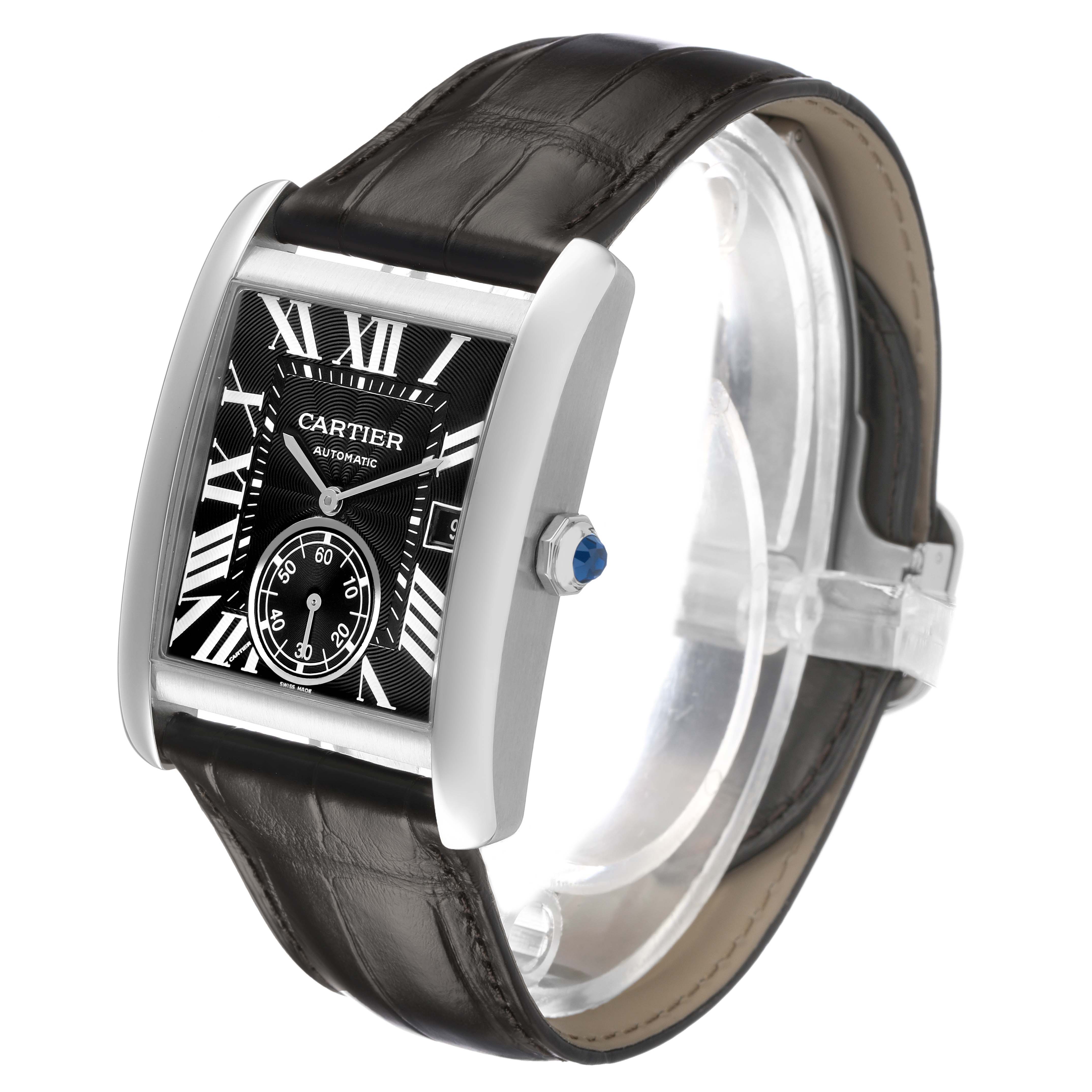 The Cartier Tank MC W5330004 Men's Stainless Steel Black Dial watch is shown at an angle highlighting the face, side profile, crown, and strap.