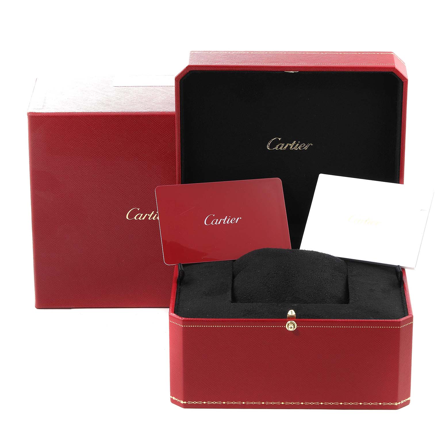 The image shows the packaging parts for the Cartier Tank Must WSTA0054 Women's Stainless Steel Red Dial WSTA0054 Women's Stainless Steel Red Dial model, including a red box, black cushion, and documentation cards.