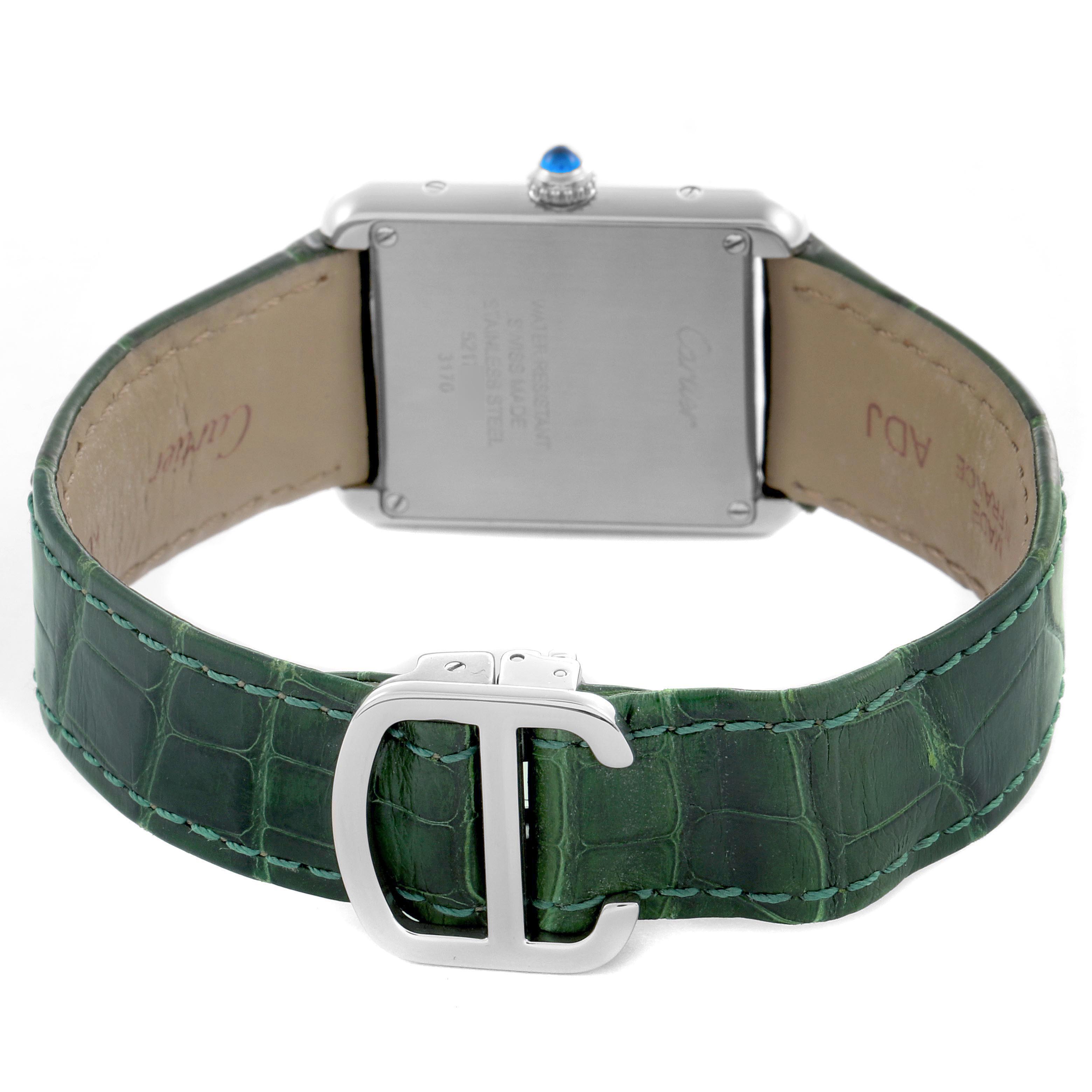 The Cartier Tank Solo W5200005 Women's Stainless Steel Silver Dial W5200005 Women's Stainless Steel Silver Dial watch is shown from the back, highlighting the case back, green leather strap, and clasp.