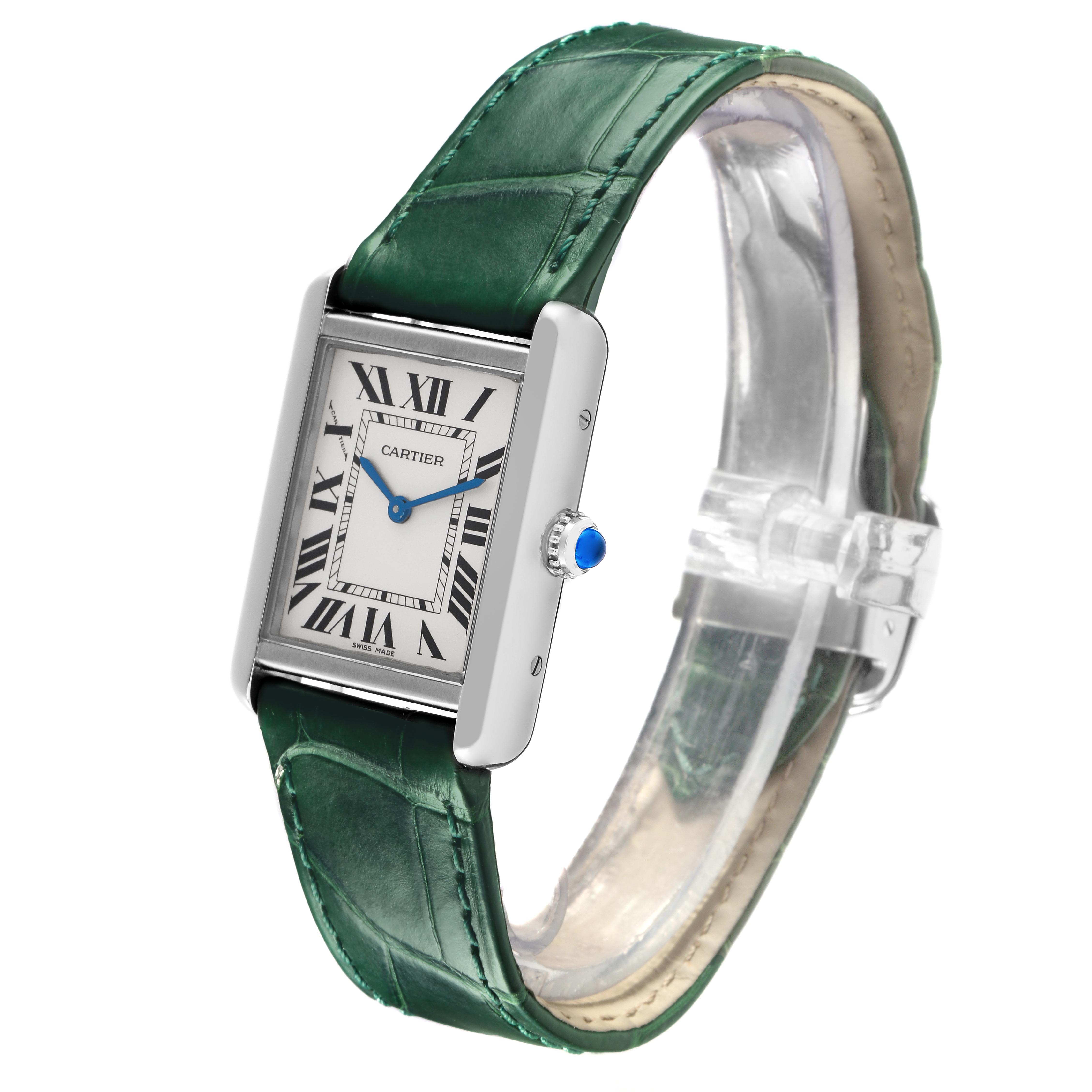 The Cartier Tank Solo W5200005 Women's Stainless Steel Silver Dial W5200005 Women's Stainless Steel Silver Dial watch is shown at a three-quarter angle, highlighting the face, strap, and crown.
