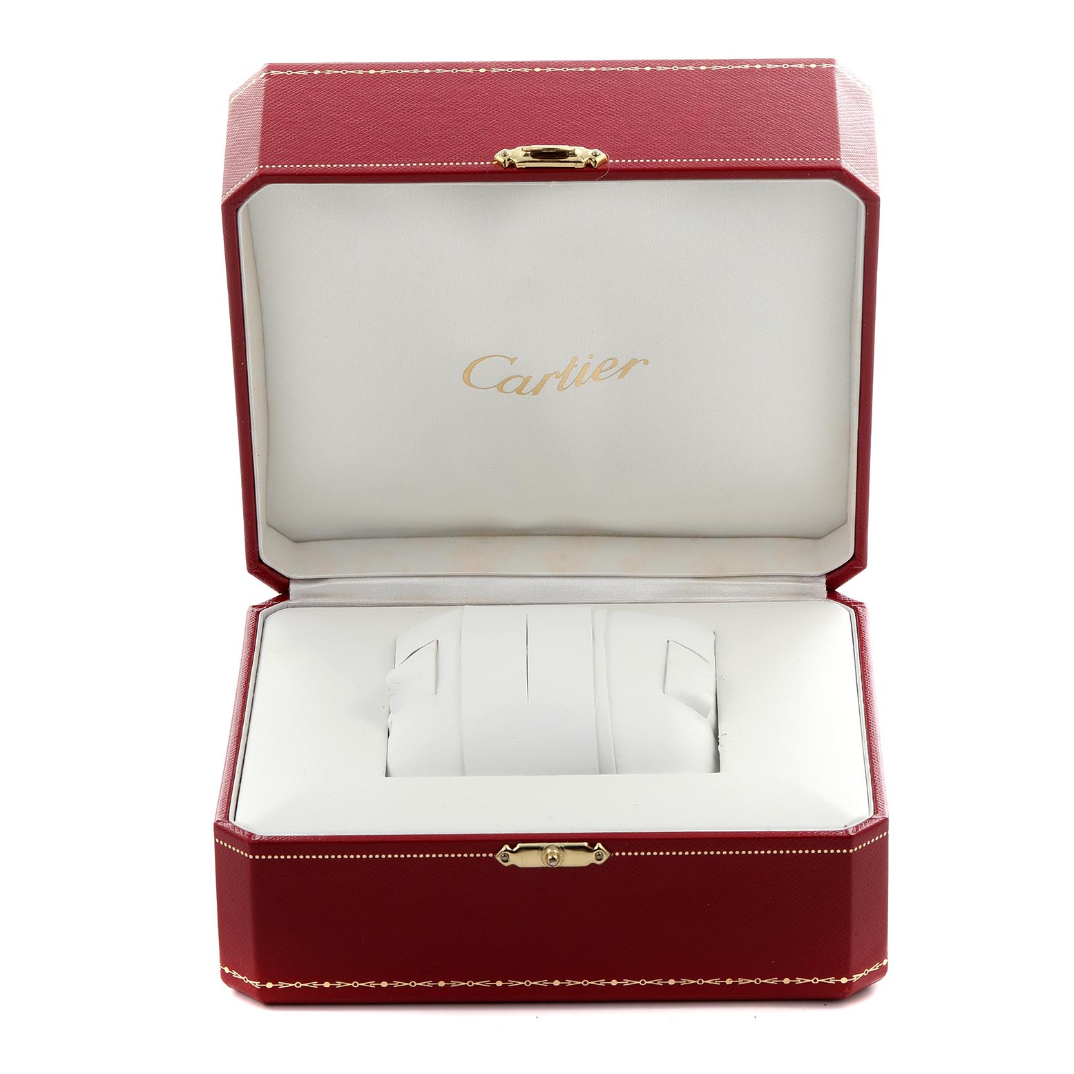 The image shows an open Cartier Tank Solo W5200005 Women's Stainless Steel Silver Dial W5200005 Women's Stainless Steel Silver Dial watch box from a slightly elevated angle, focusing on the interior.