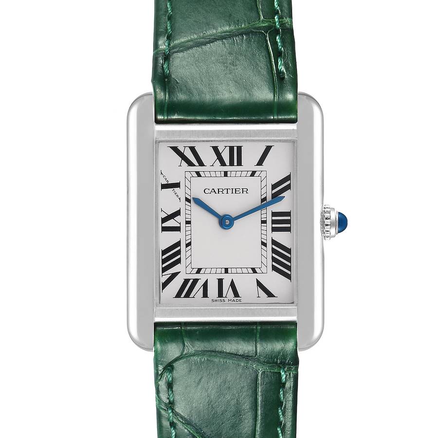 The Cartier Tank Solo watch is shown from the front, highlighting the face, Roman numerals, and green strap.