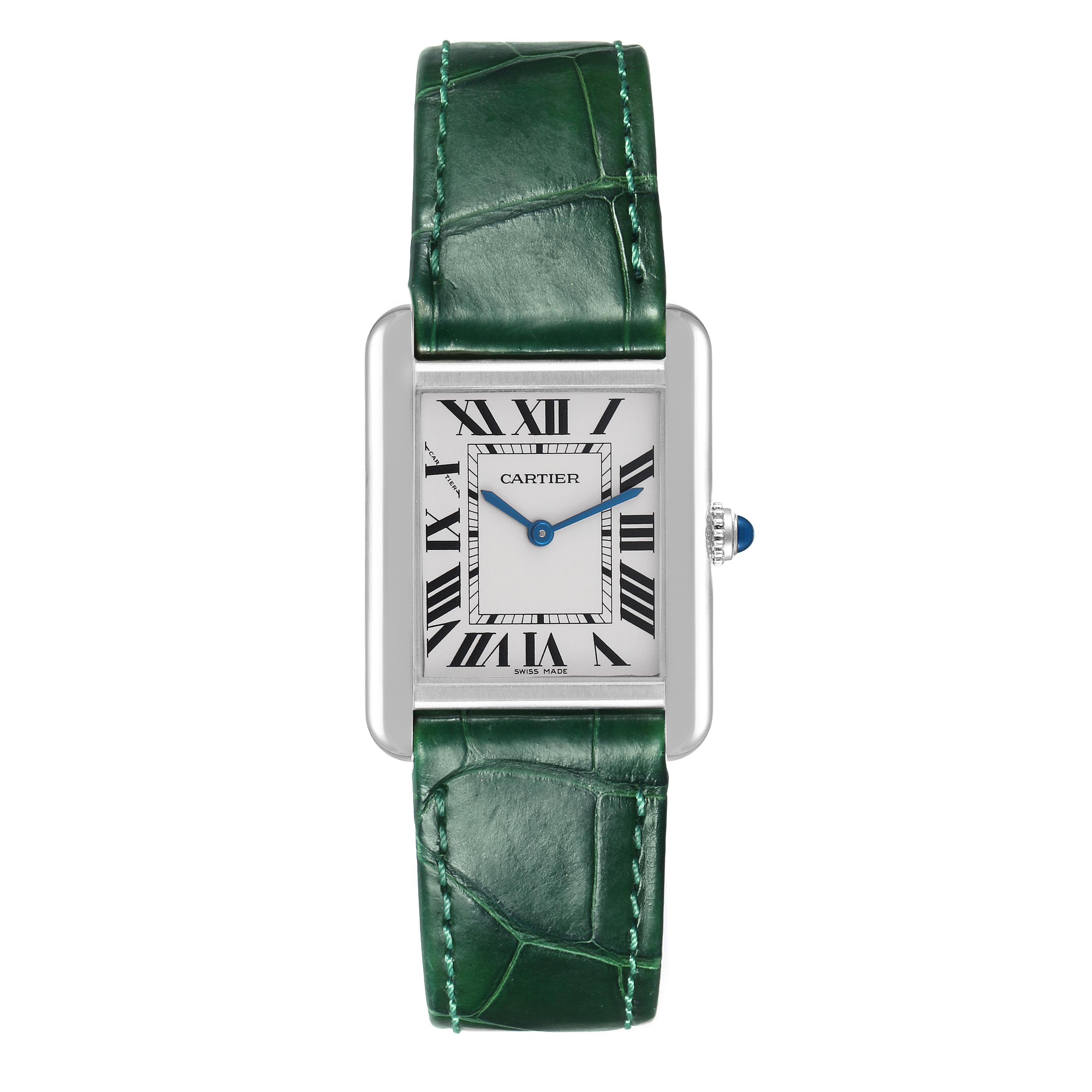 The Cartier Tank Solo W5200005 Women's Stainless Steel Silver Dial W5200005 Women's Stainless Steel Silver Dial watch is shown from a front view, featuring its face with Roman numerals and a green leather strap.