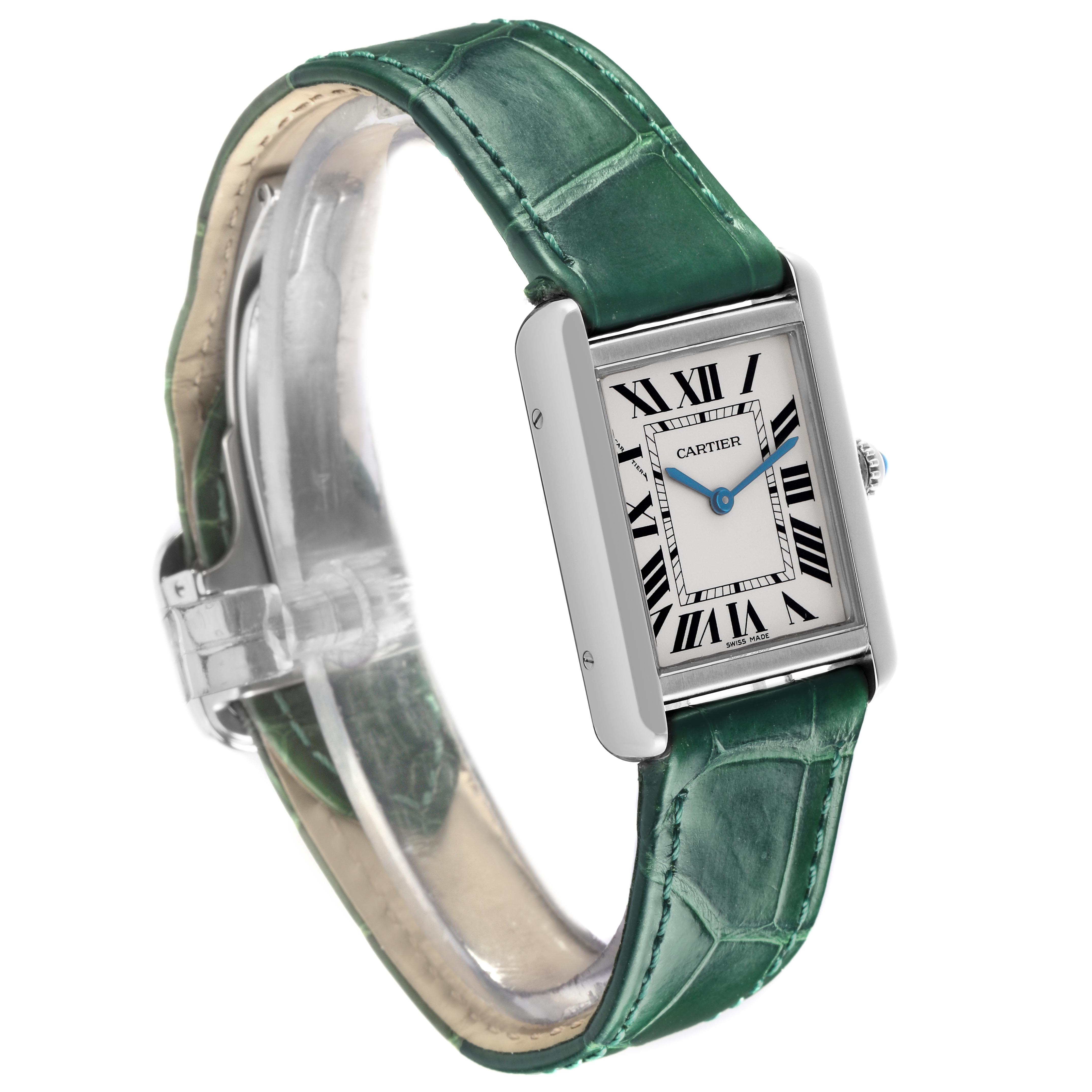 The Cartier Tank Solo W5200005 Women's Stainless Steel Silver Dial W5200005 Women's Stainless Steel Silver Dial watch is shown at an angled side view, highlighting the dial, case, and green strap.