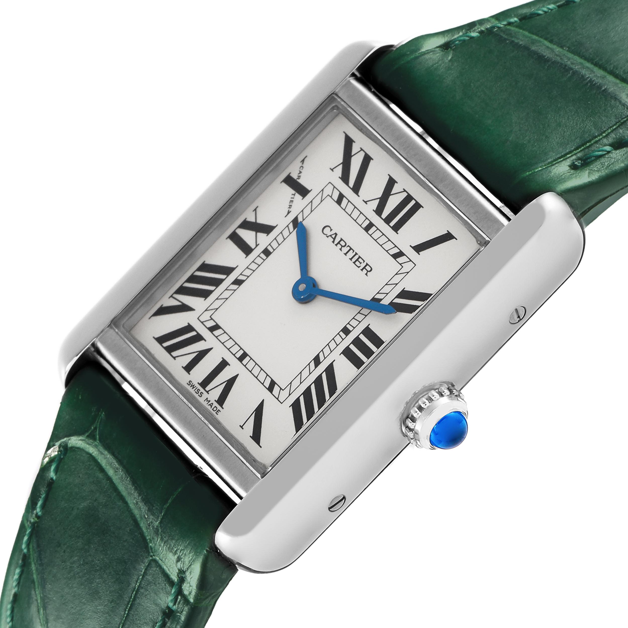 The Cartier Tank Solo W5200005 Women's Stainless Steel Silver Dial W5200005 Women's Stainless Steel Silver Dial watch is shown at an angle highlighting its rectangular face, Roman numerals, blue hands, and crown with a blue cabochon.