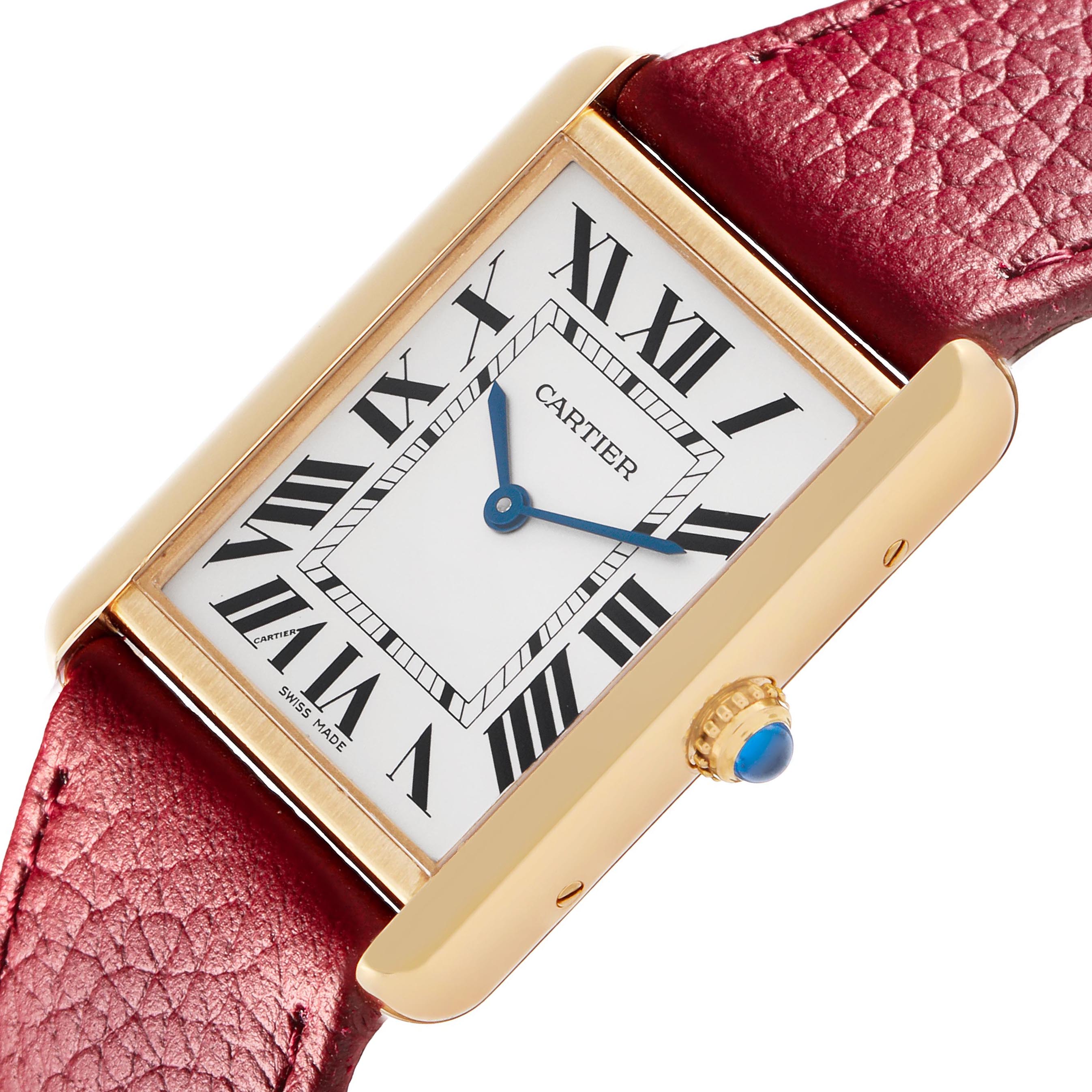 The Cartier Tank Solo W1018855 Men
s Steel and Gold (two tone) Silver Dial watch is shown angled diagonally, displaying the face, Roman numerals, blue hands, crown, and burgundy strap.
