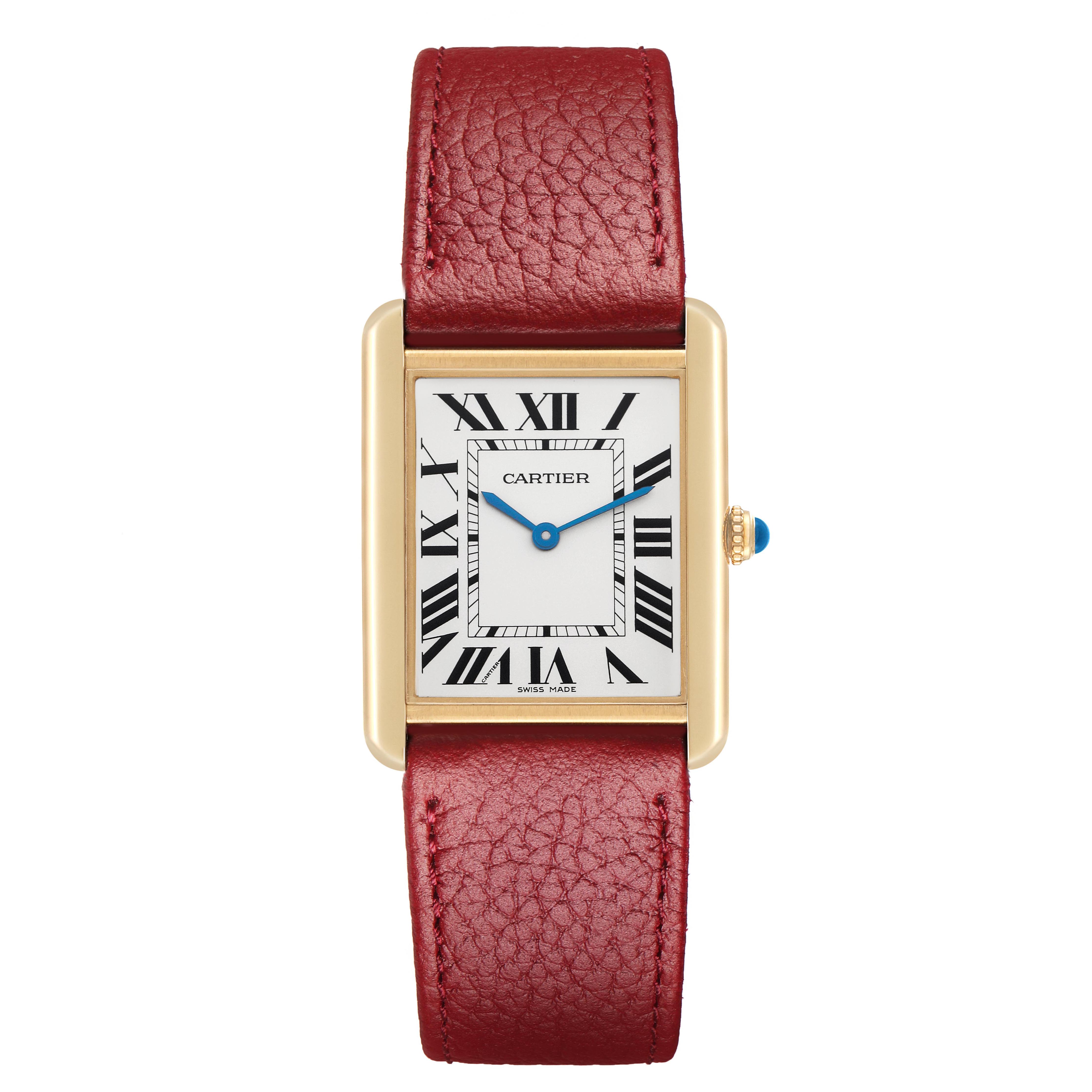 The Cartier Tank Solo W1018855 Men
s Steel and Gold (two tone) Silver Dial watch is shown from a front angle, displaying its red leather strap, rectangular dial, and gold casing.