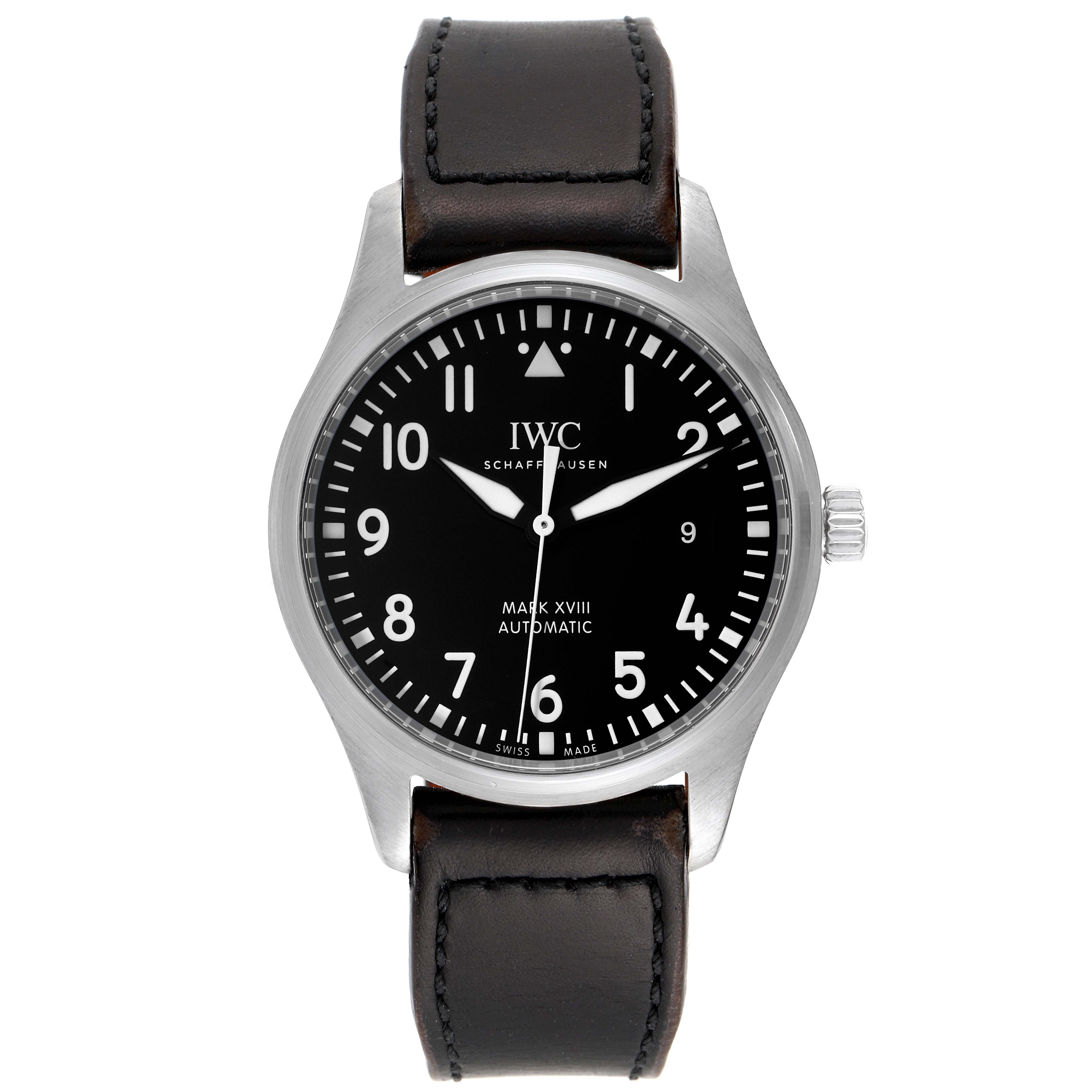 The image shows the front view of an IWC Pilot IW327001 Men
s Stainless Steel Black Dial IW327001 Men
s Stainless Steel Black Dial Mark XVIII watch including the face, hands, case, and leather strap.