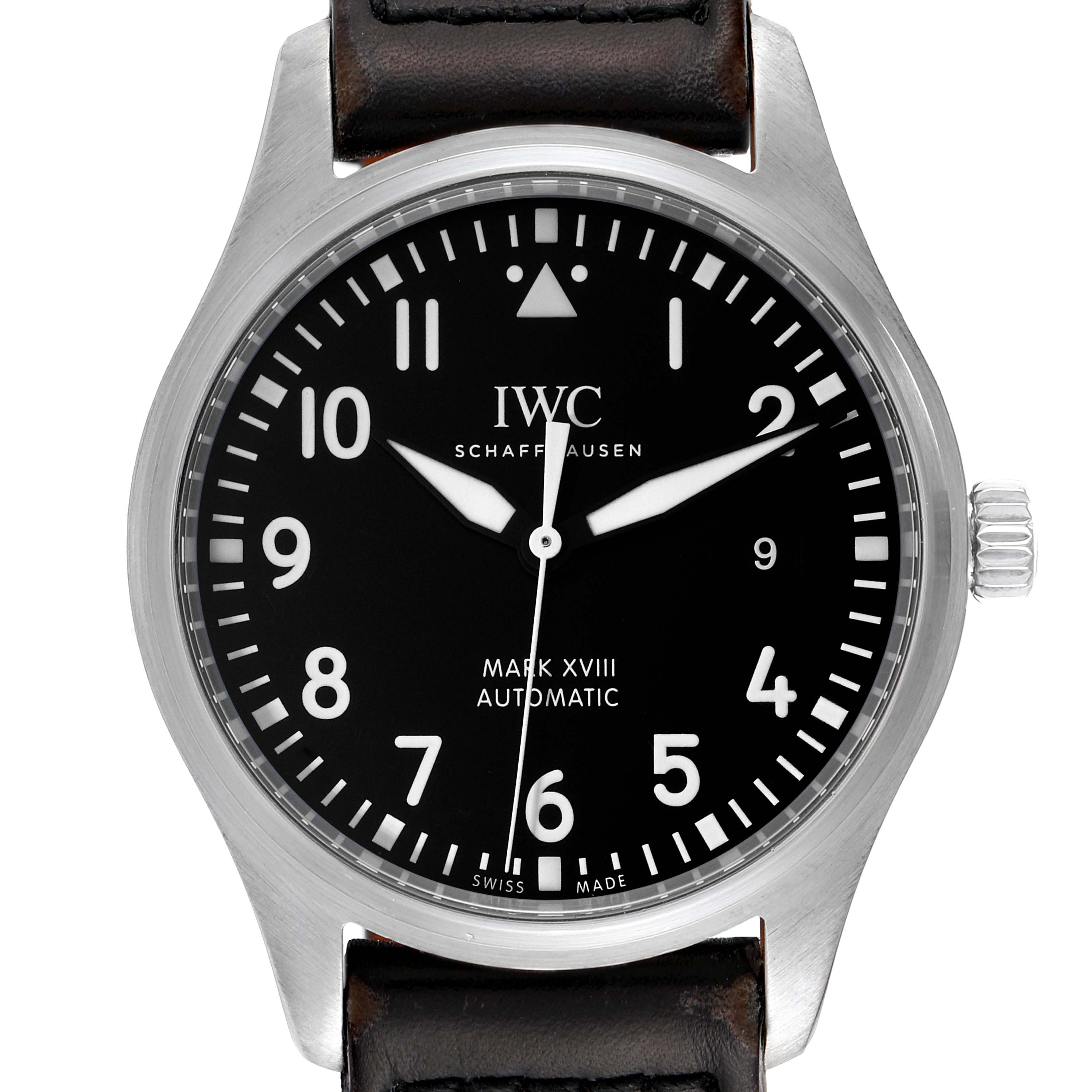 The image shows a frontal view of the dial and case of the IWC Pilot IW327001 Men
s Stainless Steel Black Dial IW327001 Men
s Stainless Steel Black Dial Mark XVIII Automatic watch.