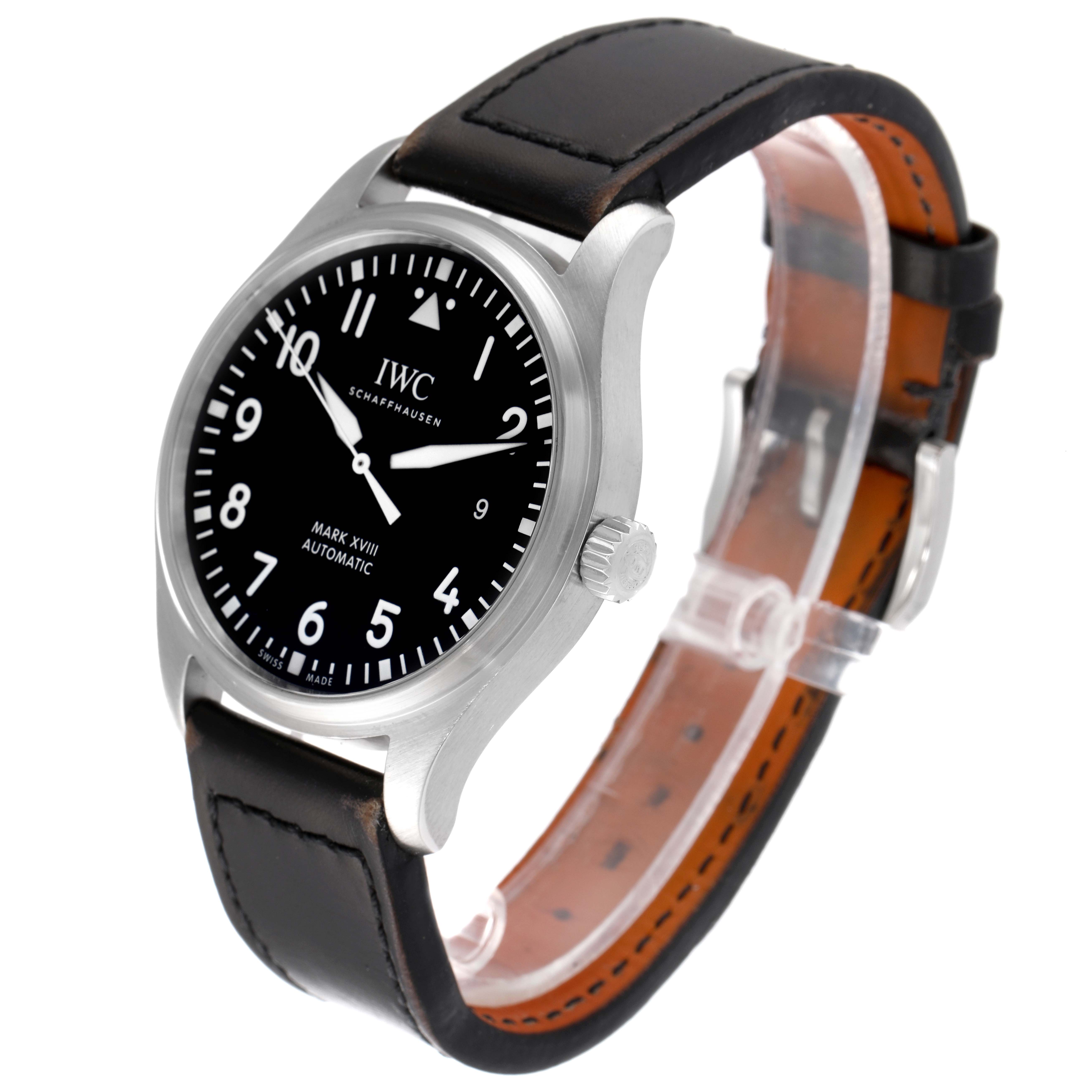 The IWC Pilot IW327001 Men
s Stainless Steel Black Dial IW327001 Men
s Stainless Steel Black Dial Mark XVIII watch is shown at a three-quarter angle, highlighting the dial, case, and leather strap.