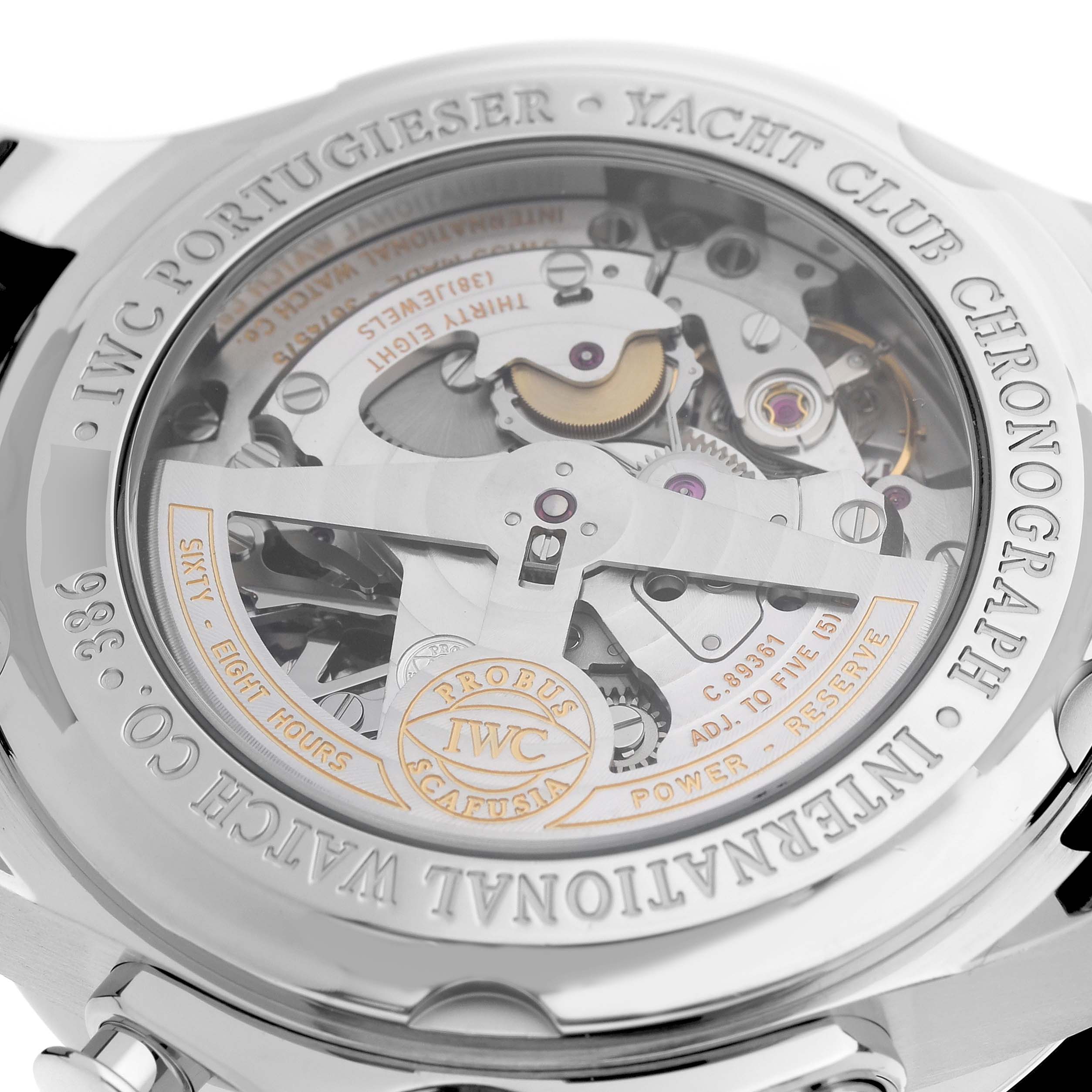 The image shows the back view of the IWC Portuguese IW390211 Men's Stainless Steel Silver Dial Yacht Club Chronograph, highlighting its intricate movement and engravings.