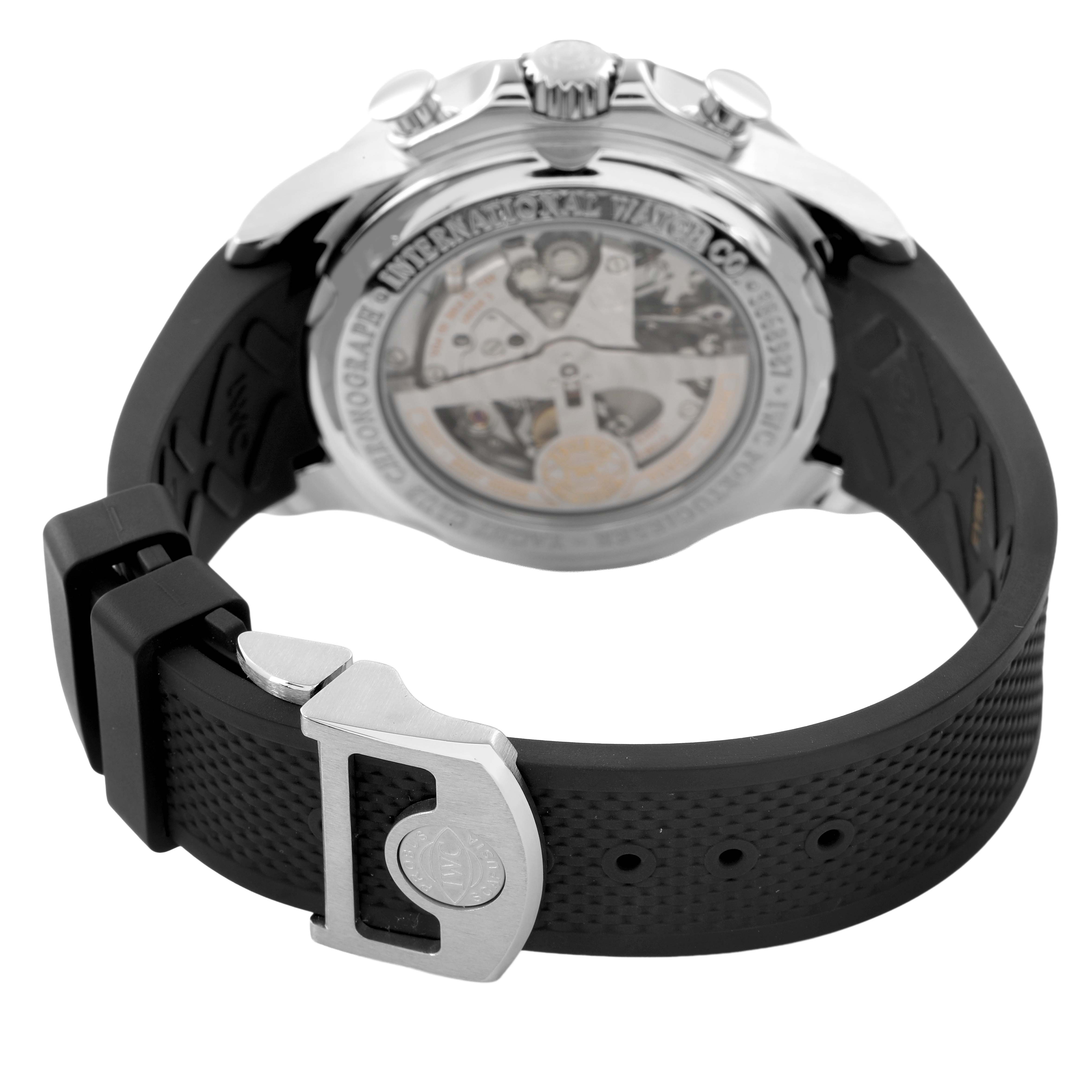 The image shows the back view of an IWC Portuguese IW390211 Men's Stainless Steel Silver Dial watch, highlighting the case back and rubber strap with clasp.