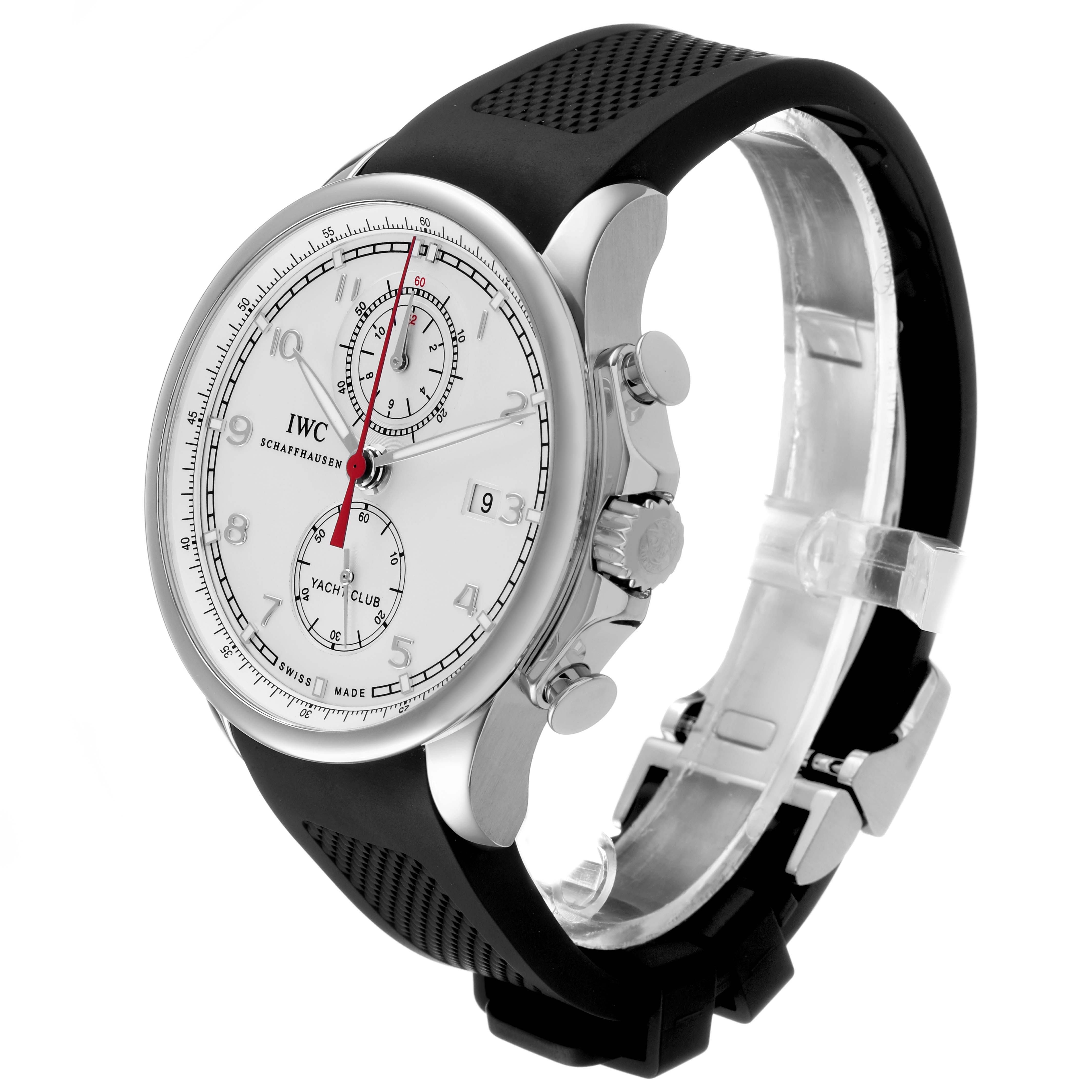 The IWC Portuguese IW390211 Men's Stainless Steel Silver Dial watch is shown from a side angle, displaying the dial, crown, pushers, and black strap.